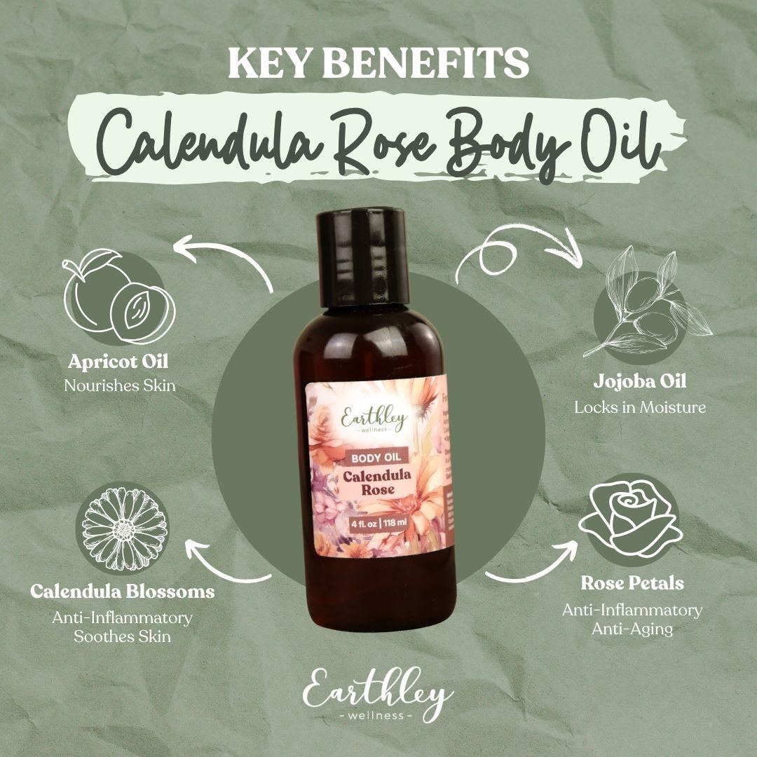 Calendula Rose Body Oil bottle surrounded by ingredient benefits: apricot oil, jojoba oil, calendula blossoms, and rose petals