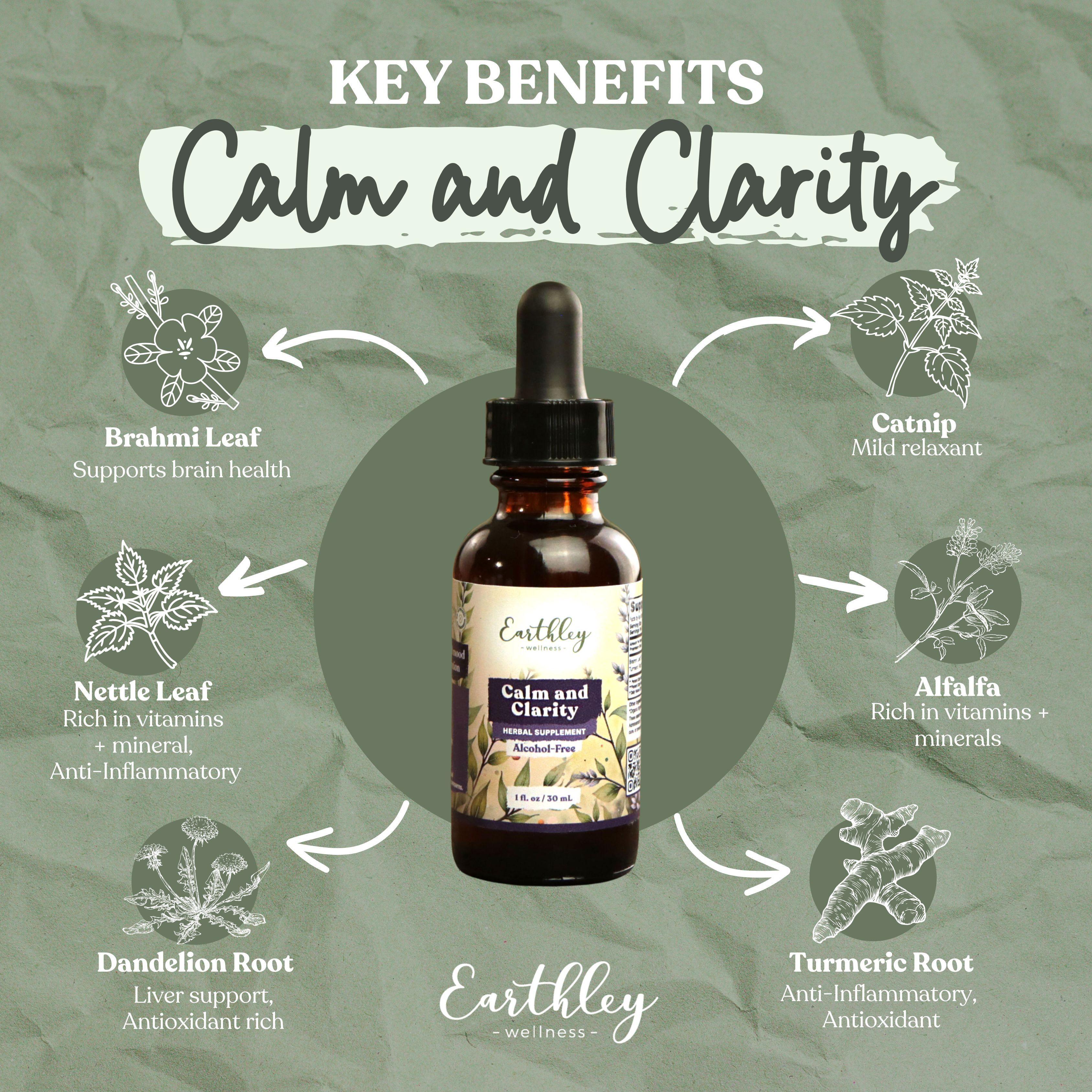 Calm and Clarity herbal tincture bottle surrounded by ingredient benefits: brahmi leaf, catnip, nettle leaf, alfalfa, dandelion root, turmeric root