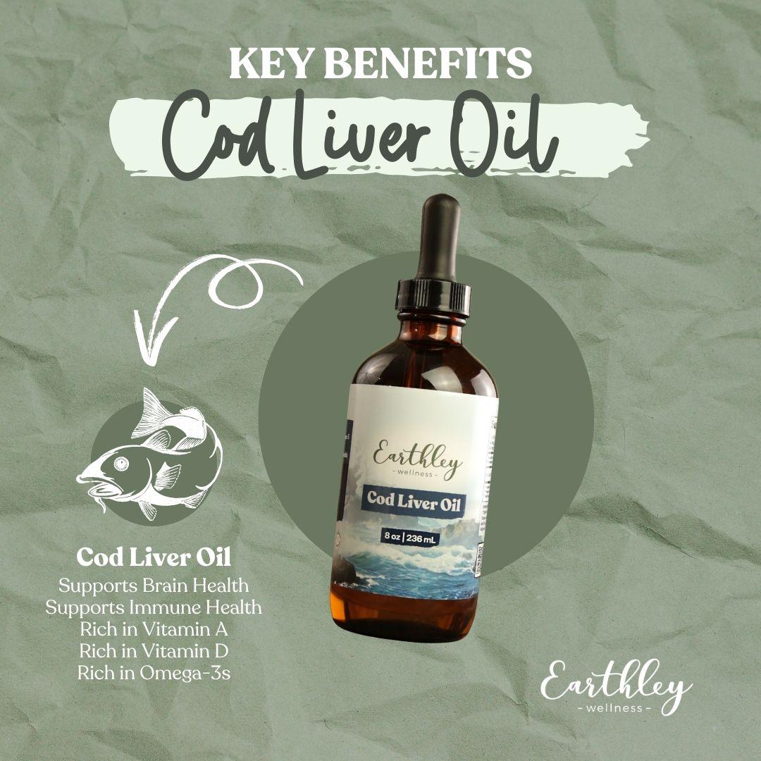 Earthley Cod Liver Oil bottle with dropper on green marble background, featuring key benefits text and fish icon