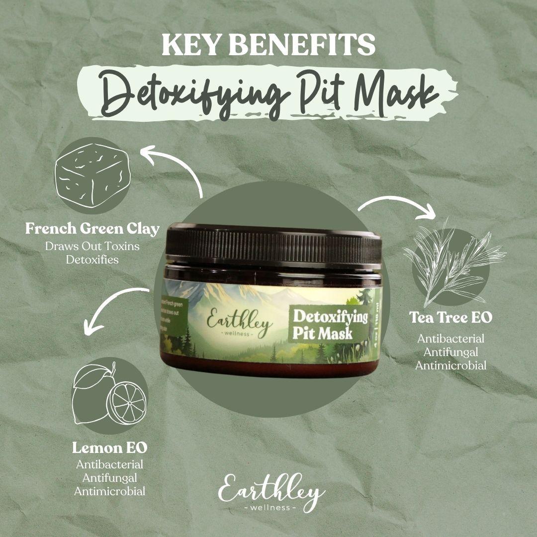 Earthley Detoxifying Pit Mask jar with key benefits infographic showing French green clay, tea tree oil, and lemon essential oil ingredients