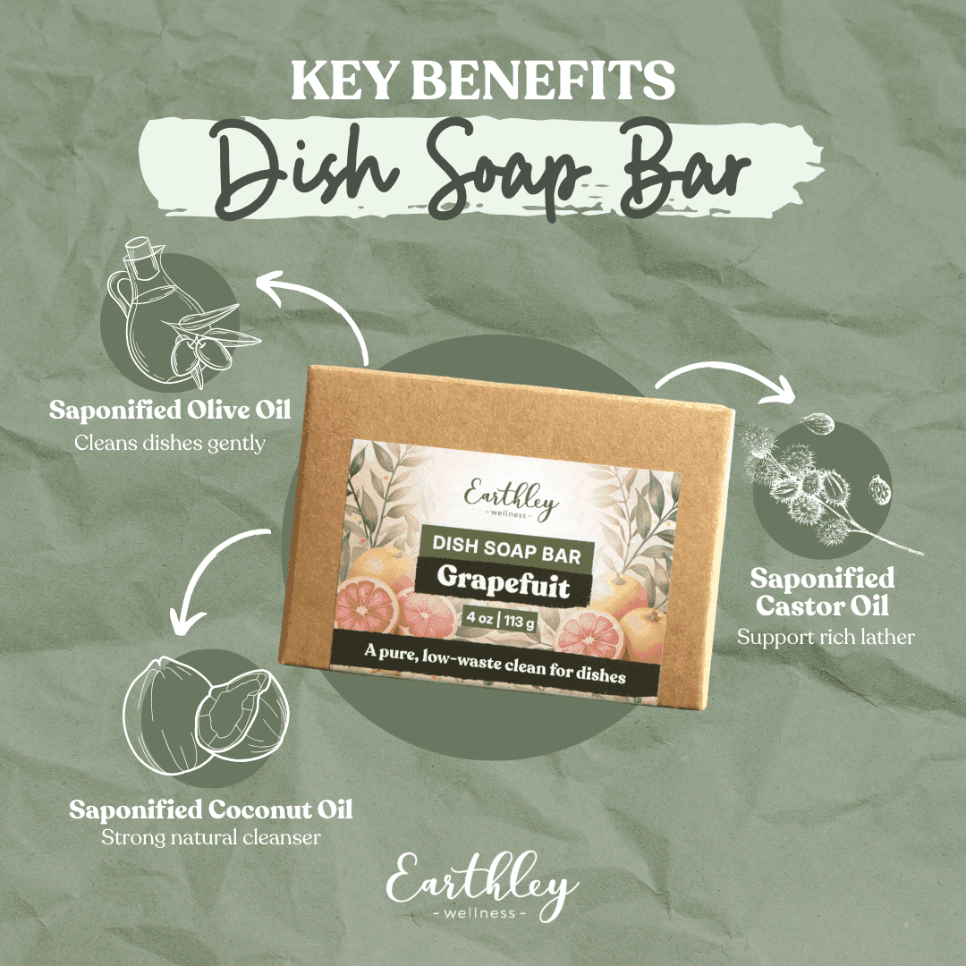 Earthley Wellness Grapefruit Dish Soap Bar key benefits: olive, coconut, and castor oils