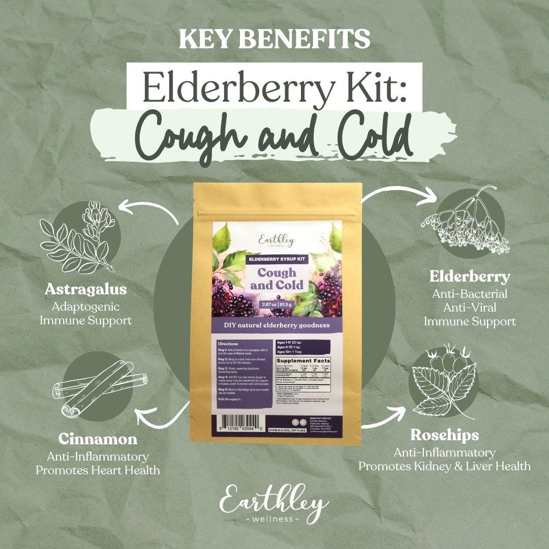 Elderberry Cough and Cold Kit benefits infographic showing astragalus, cinnamon, elderberry, and rosehips with health properties