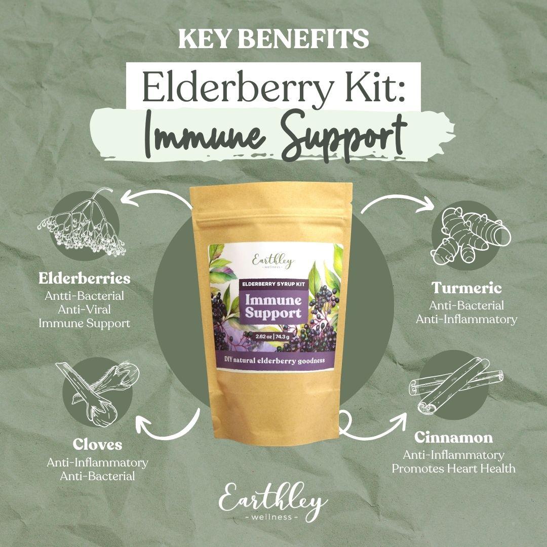 Elderberry Kit infographic showing immune support benefits with elderberries, turmeric, cloves, and cinnamon ingredients