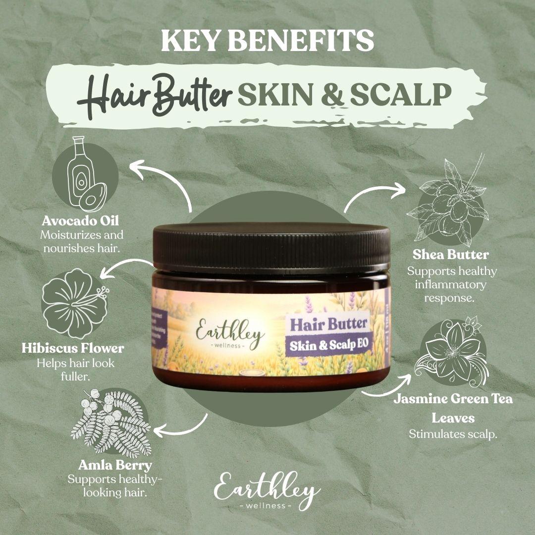 Infographic showing Key Benefits of Hair Butter Skin and Scalp with central product jar surrounded by ingredient circles: avocado oil for moisturizing, shea butter for inflammation support, hibiscus flower for fuller hair, jasmine green tea for scalp stimulation, and amla berry for healthy hair