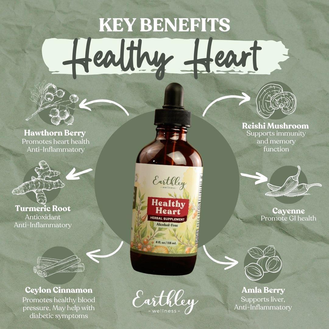 Earthley Healthy Heart herbal supplement bottle surrounded by key ingredient benefits including hawthorn berry, turmeric, and reishi mushroom