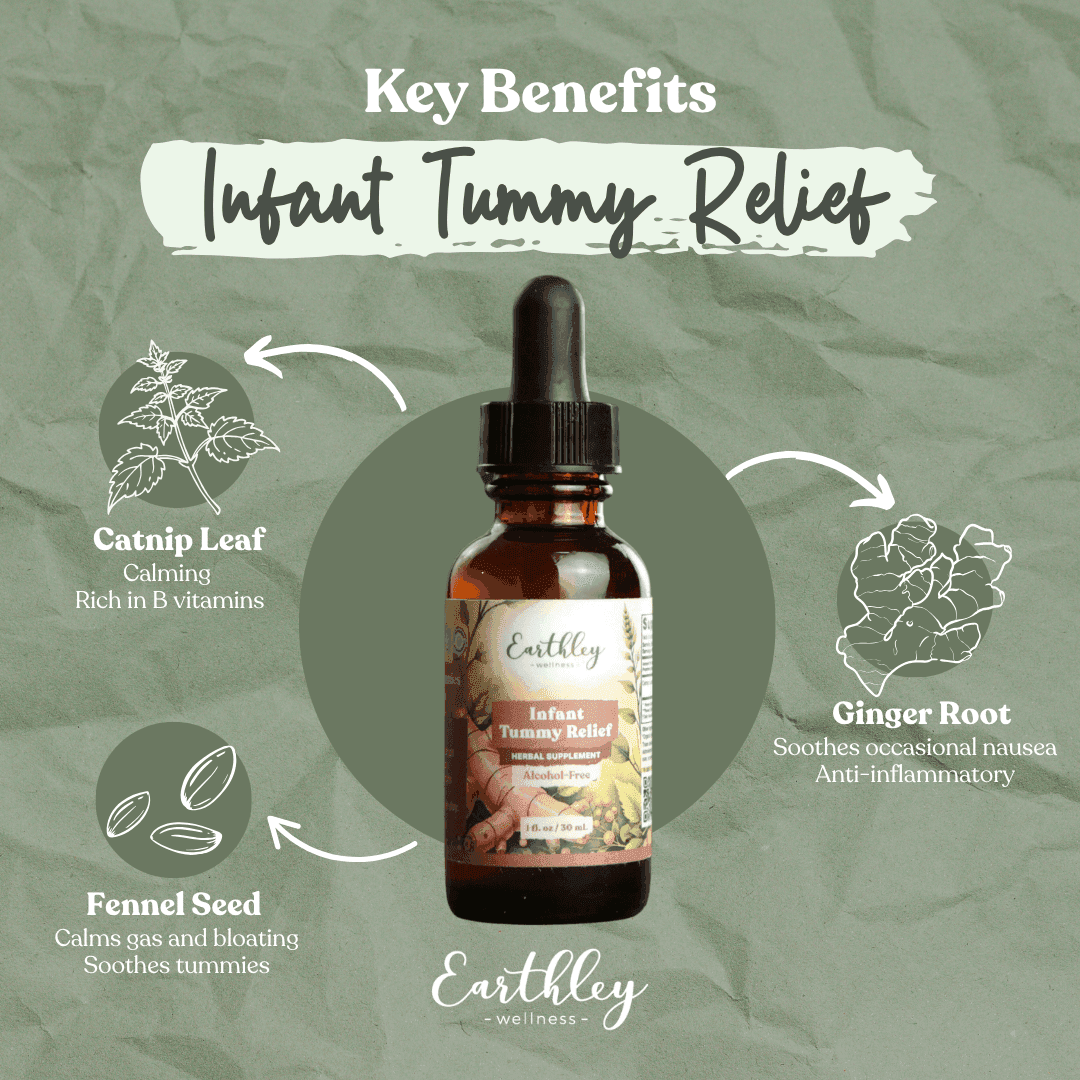 Earthley Infant Tummy Relief tincture with catnip, fennel seed, and ginger root benefits
