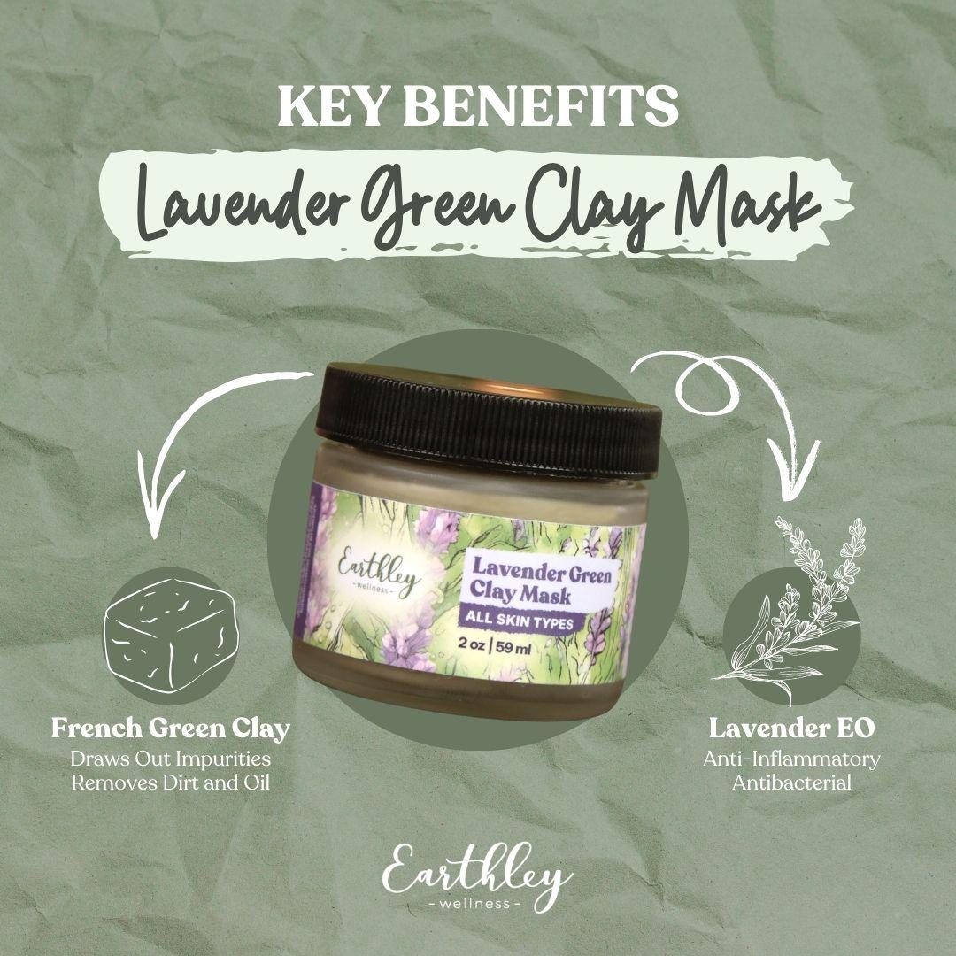 Earthley Lavender Green Clay Mask jar with key benefits: French green clay draws impurities, lavender EO anti-inflammatory