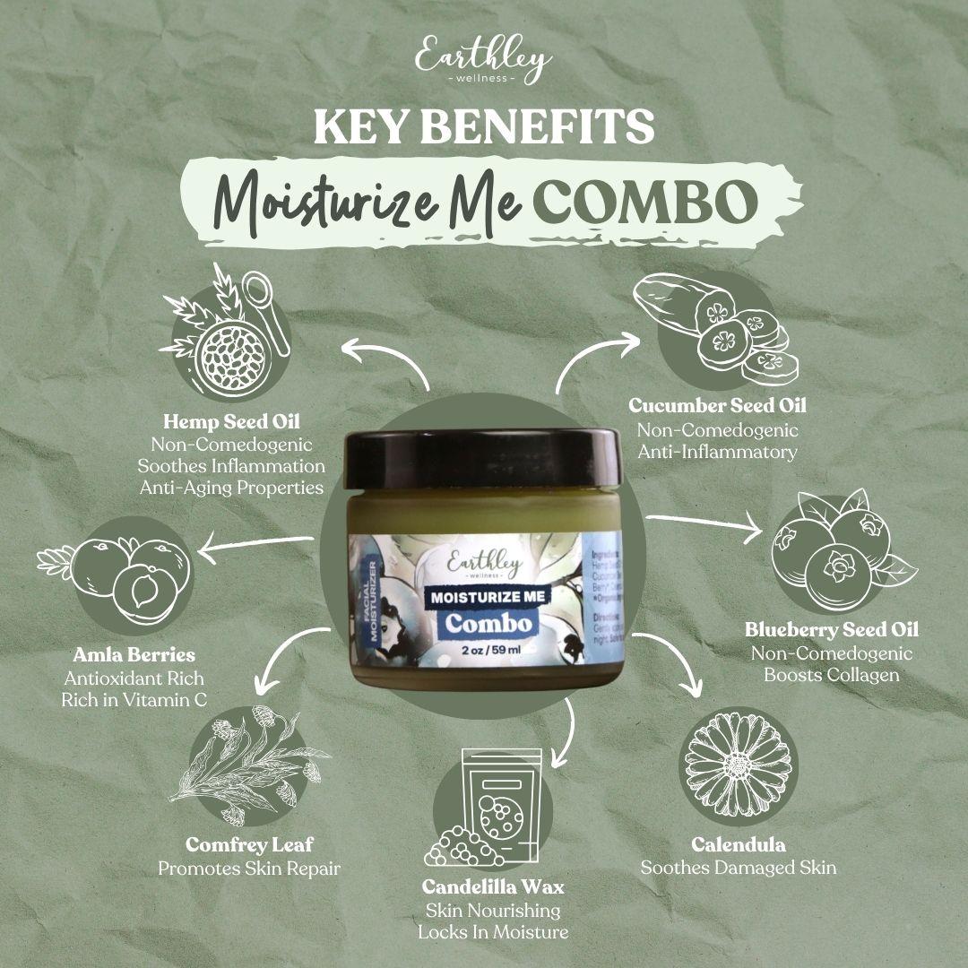 Moisturize Me Combo skincare product jar surrounded by ingredient icons showing hemp seed oil, cucumber, amla berries, comfrey, calendula, blueberr...