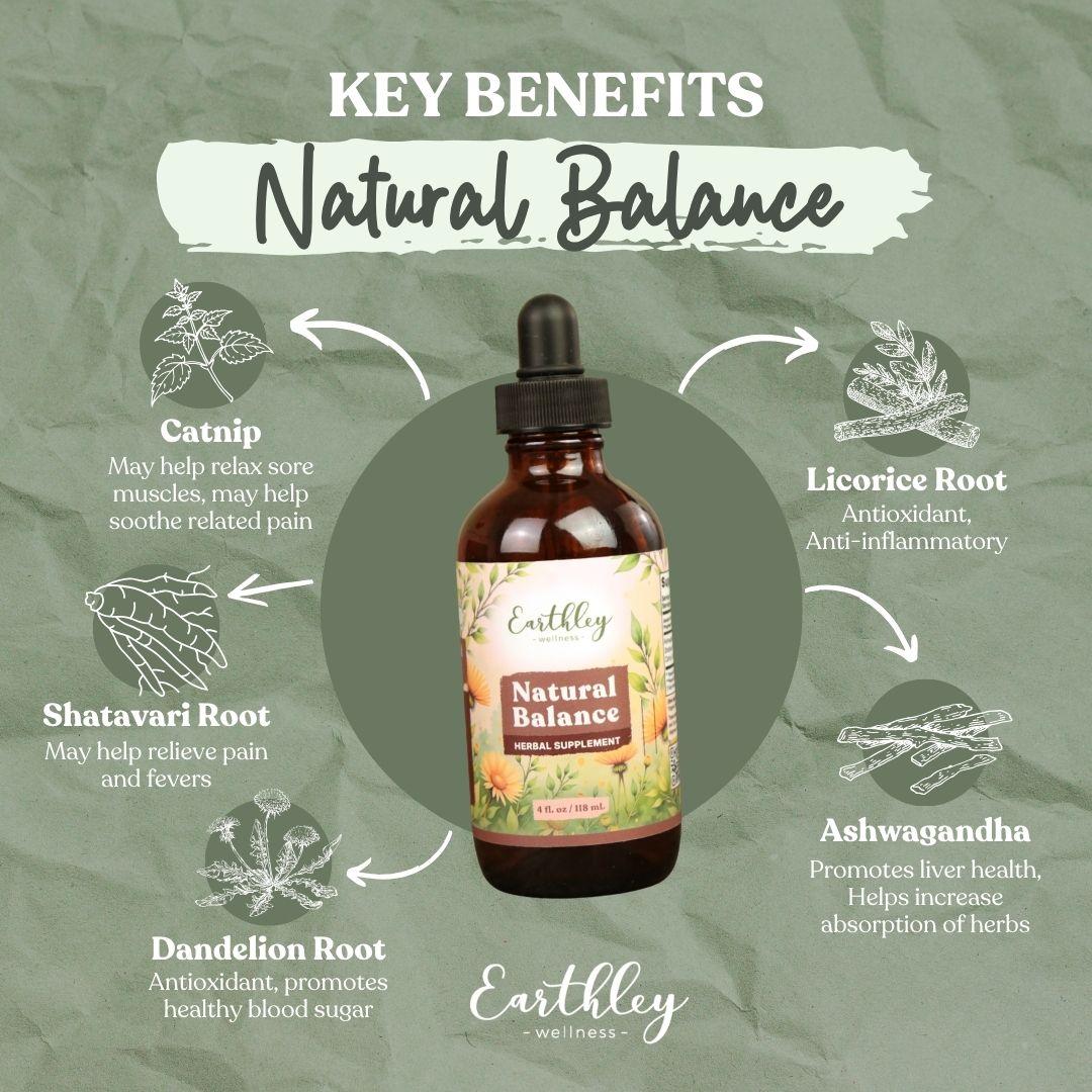 Natural Balance herbal tincture bottle surrounded by ingredient illustrations showing catnip, licorice root, shatavari, dandelion, and ashwagandha ...