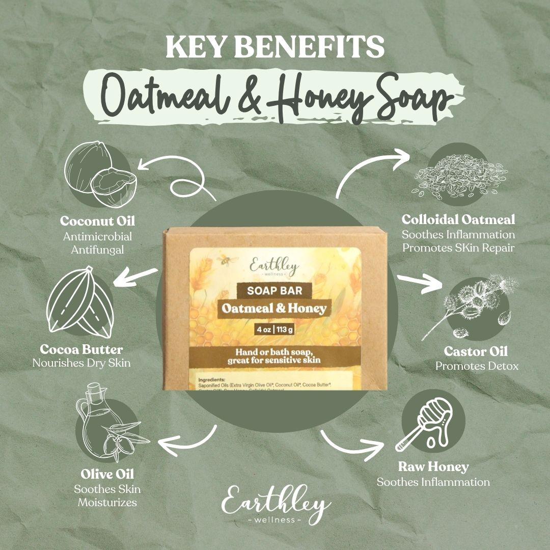 Earthley Oatmeal & Honey Soap benefits infographic showing key ingredients: coconut oil, oatmeal, cocoa butter, olive oil, castor oil, and raw honey