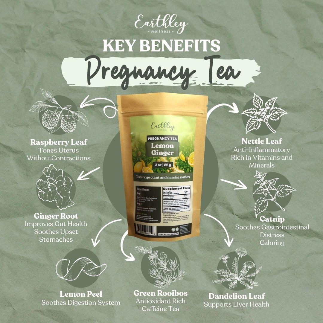 Earthley Pregnancy Tea benefits infographic showing lemon ginger tea pouch surrounded by six herbal ingredients and their wellness properties