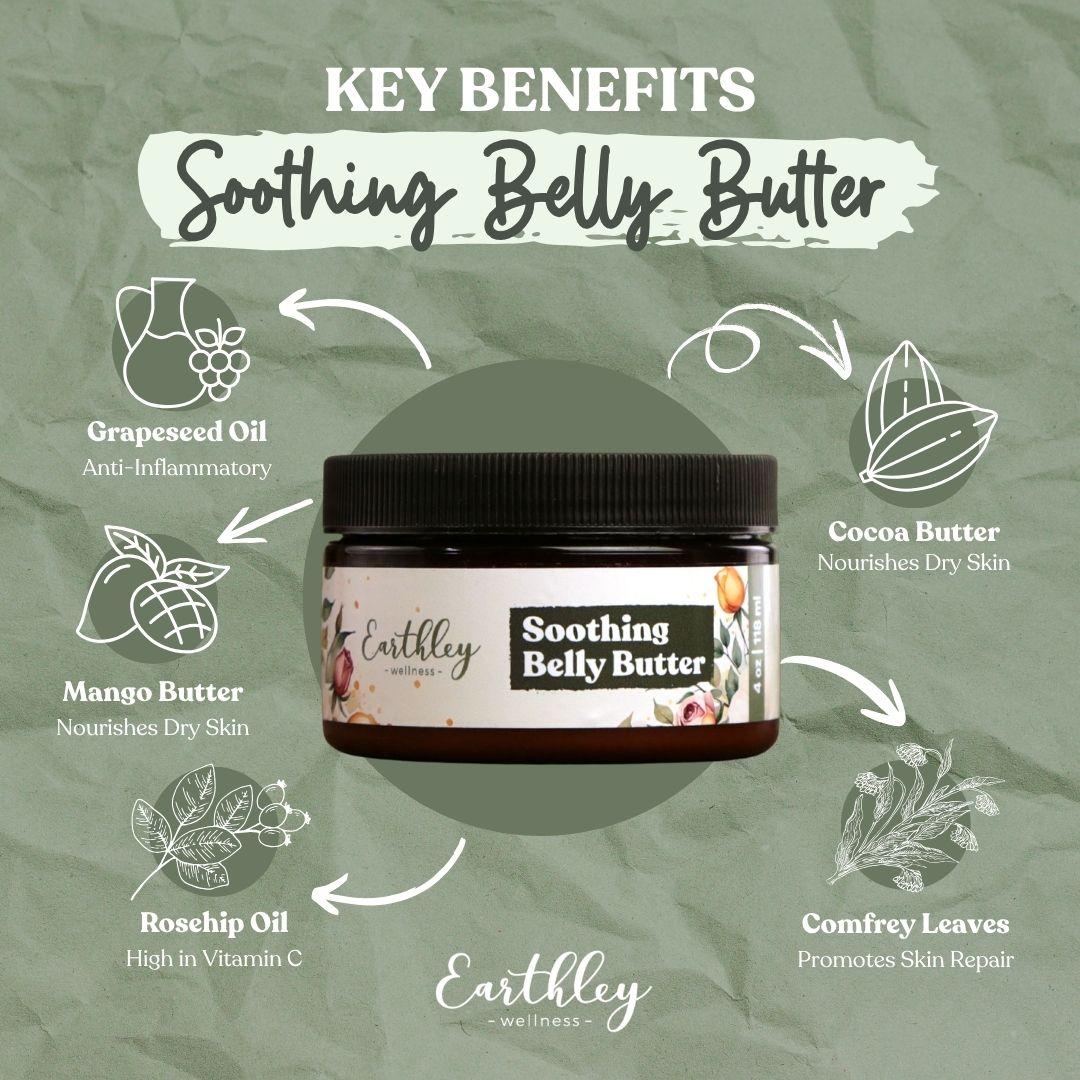 Soothing Belly Butter jar surrounded by ingredient icons showing grapeseed oil, mango butter, cocoa butter, rosehip oil, and comfrey leaves with be...