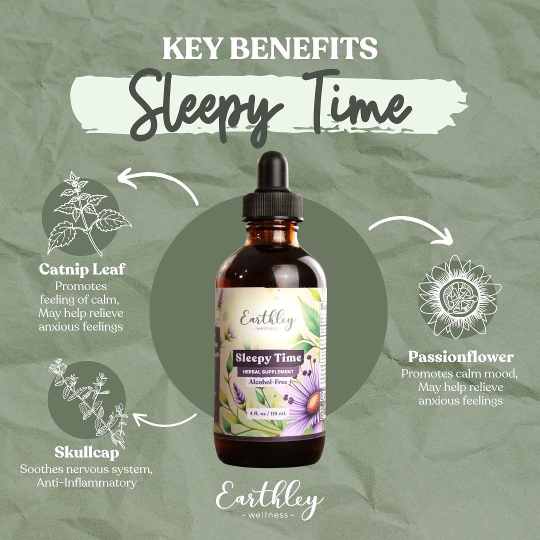 Earthley Sleepy Time herbal tincture bottle surrounded by key benefits: catnip leaf, skullcap, and passionflower for calm sleep