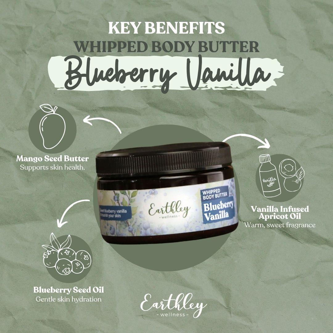Blueberry Vanilla whipped body butter jar with key benefits infographic showing mango seed butter, blueberry seed oil, and vanilla apricot oil