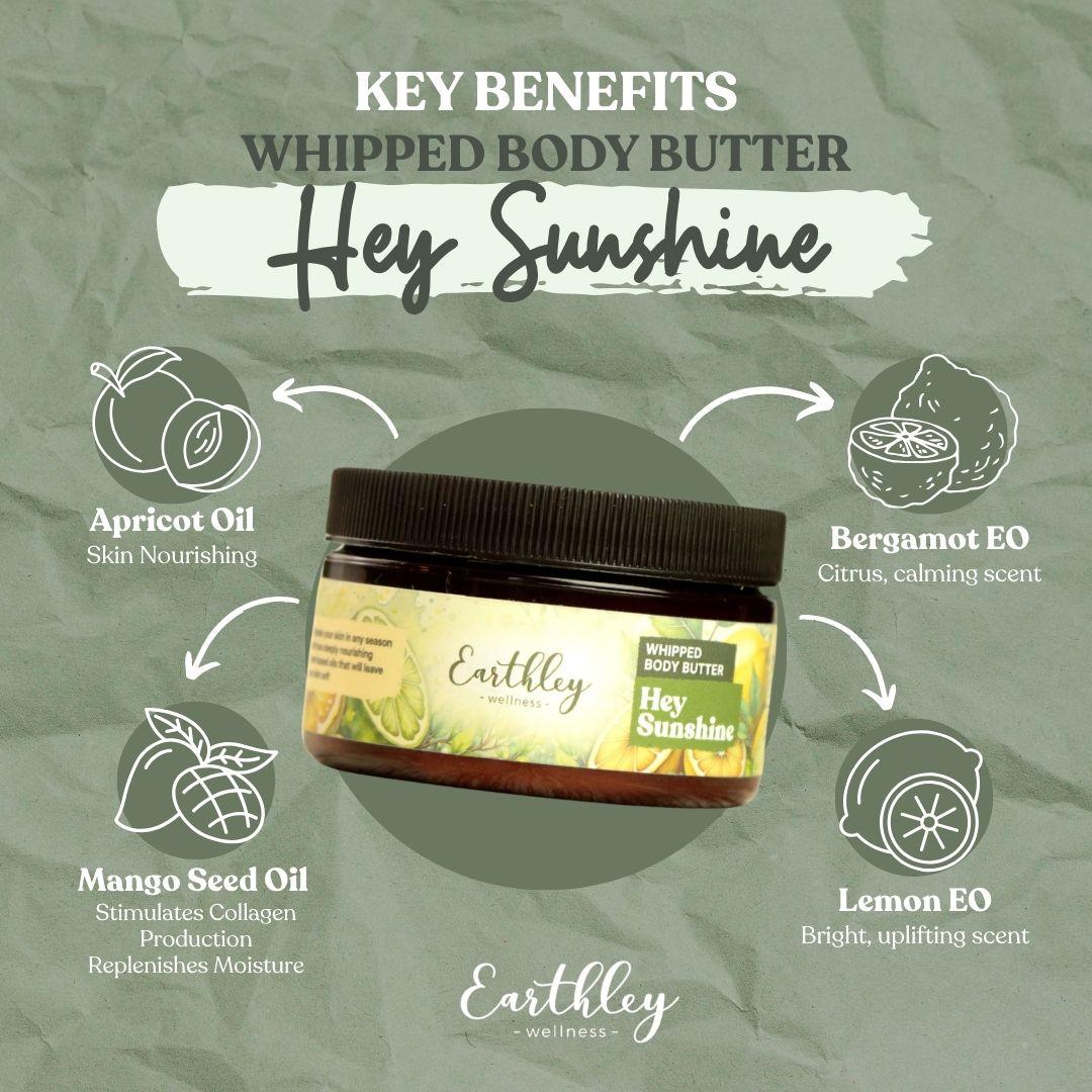 Hey Sunshine whipped body butter jar surrounded by key ingredient benefits: apricot oil, bergamot EO, mango seed oil, lemon EO