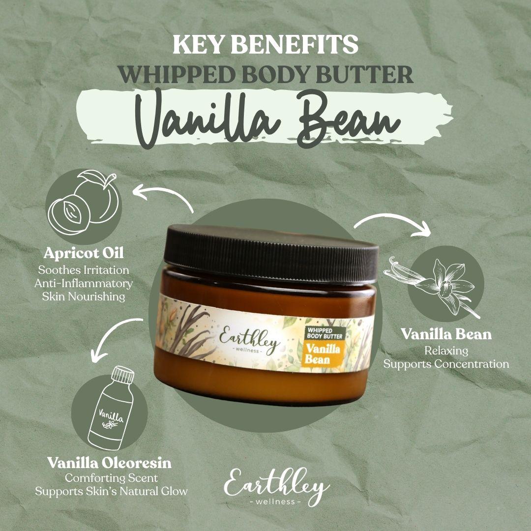 Vanilla Bean Whipped Body Butter jar with key benefits infographic showing apricot oil, vanilla bean, and vanilla oleoresin ingredients