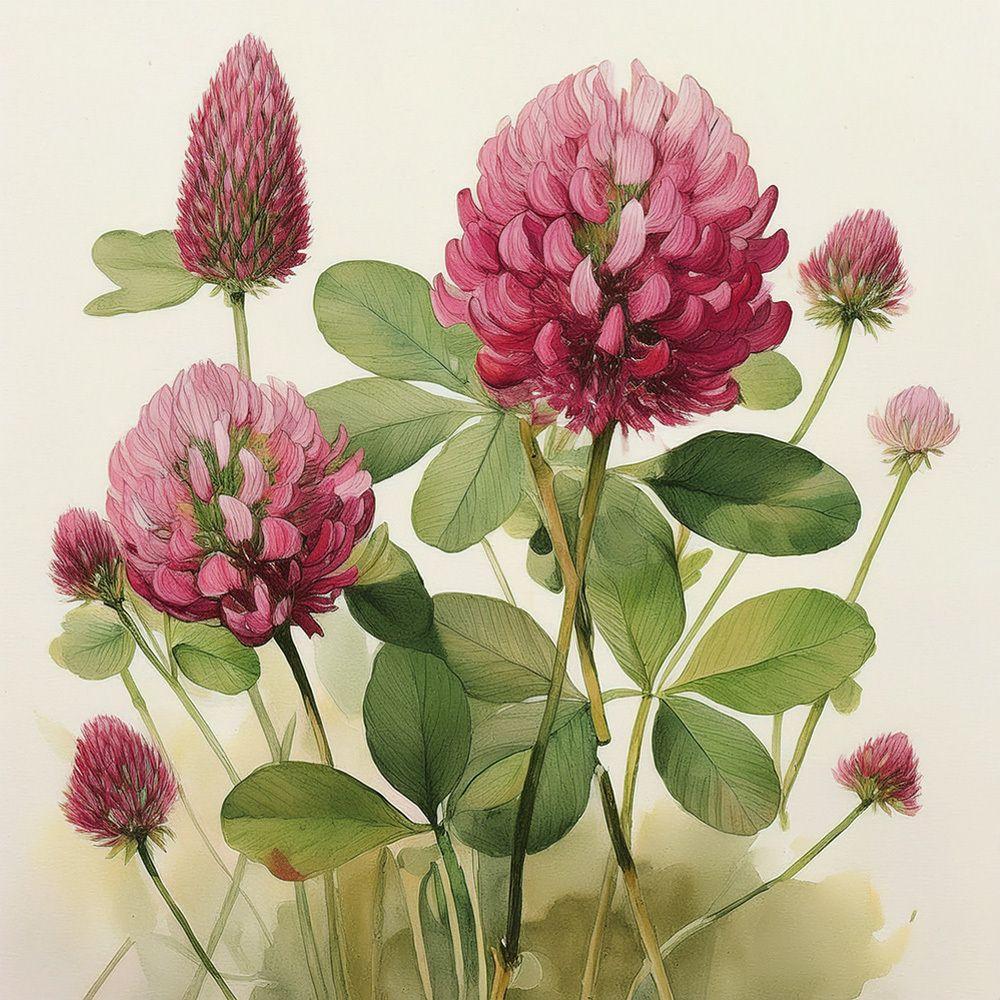 Watercolor botanical illustration of red clover showing pink and magenta round flower heads with green trifoliate leaves on stems against cream background