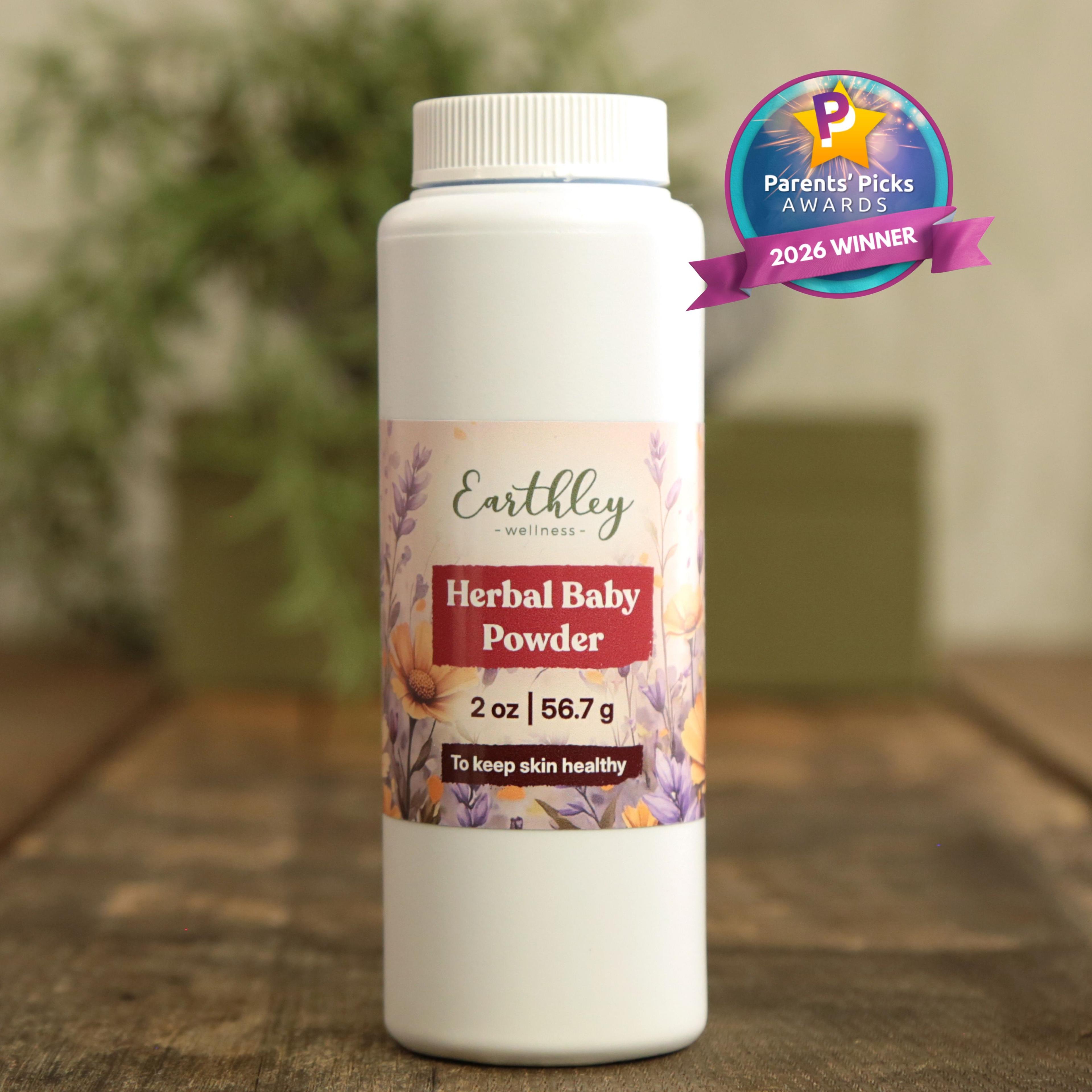 Earthley Wellness Herbal Baby Powder bottle with Parents' Picks Awards 2026 Winner badge, natural skin care for babies