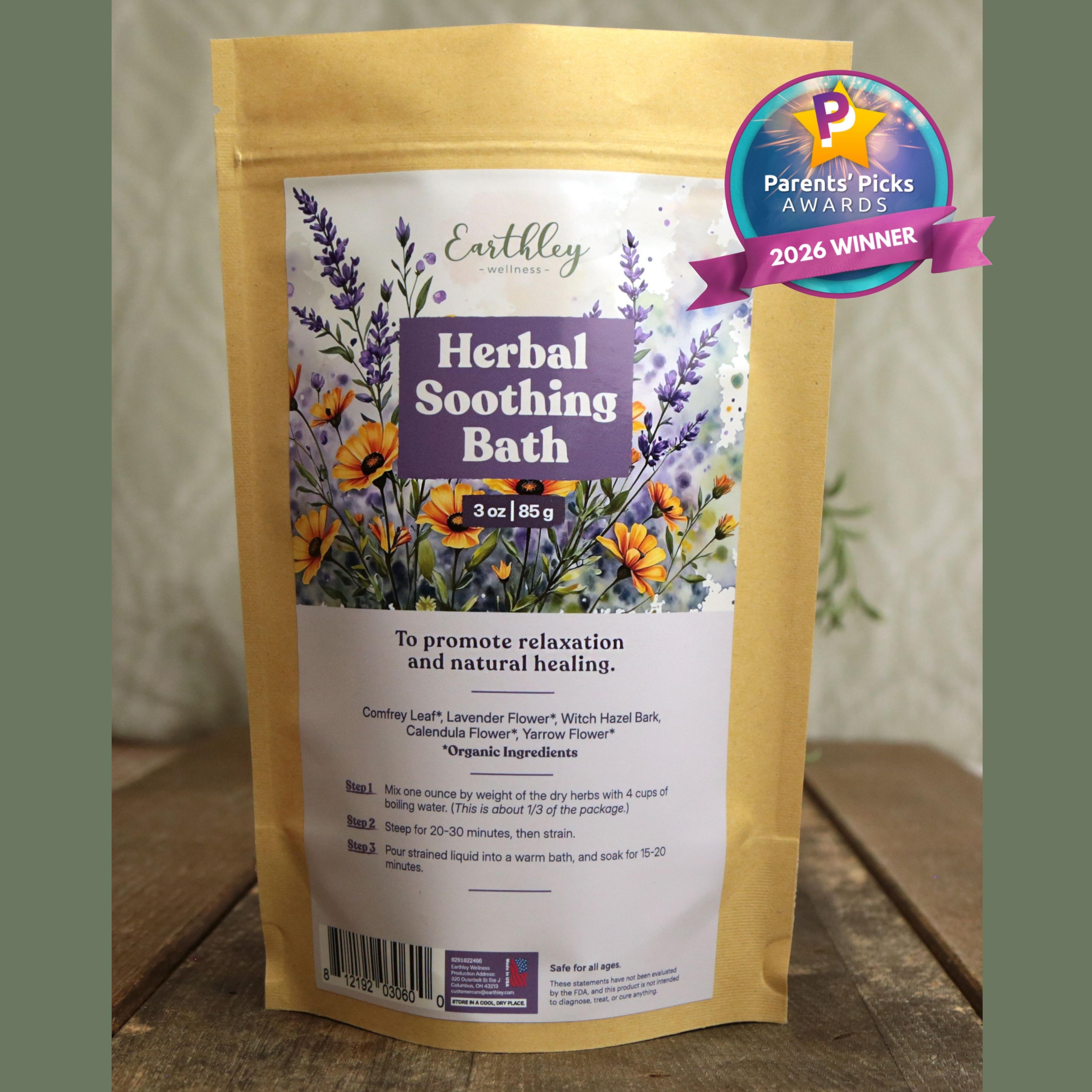 Earthley Wellness Herbal Soothing Bath package with lavender and calendula flowers, featuring Parents' Picks 2026 Winner award badge