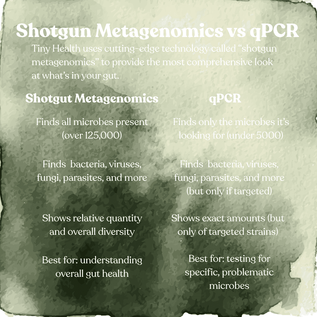 Comparison chart: Shotgun Metagenomics vs qPCR gut testing methods and benefits