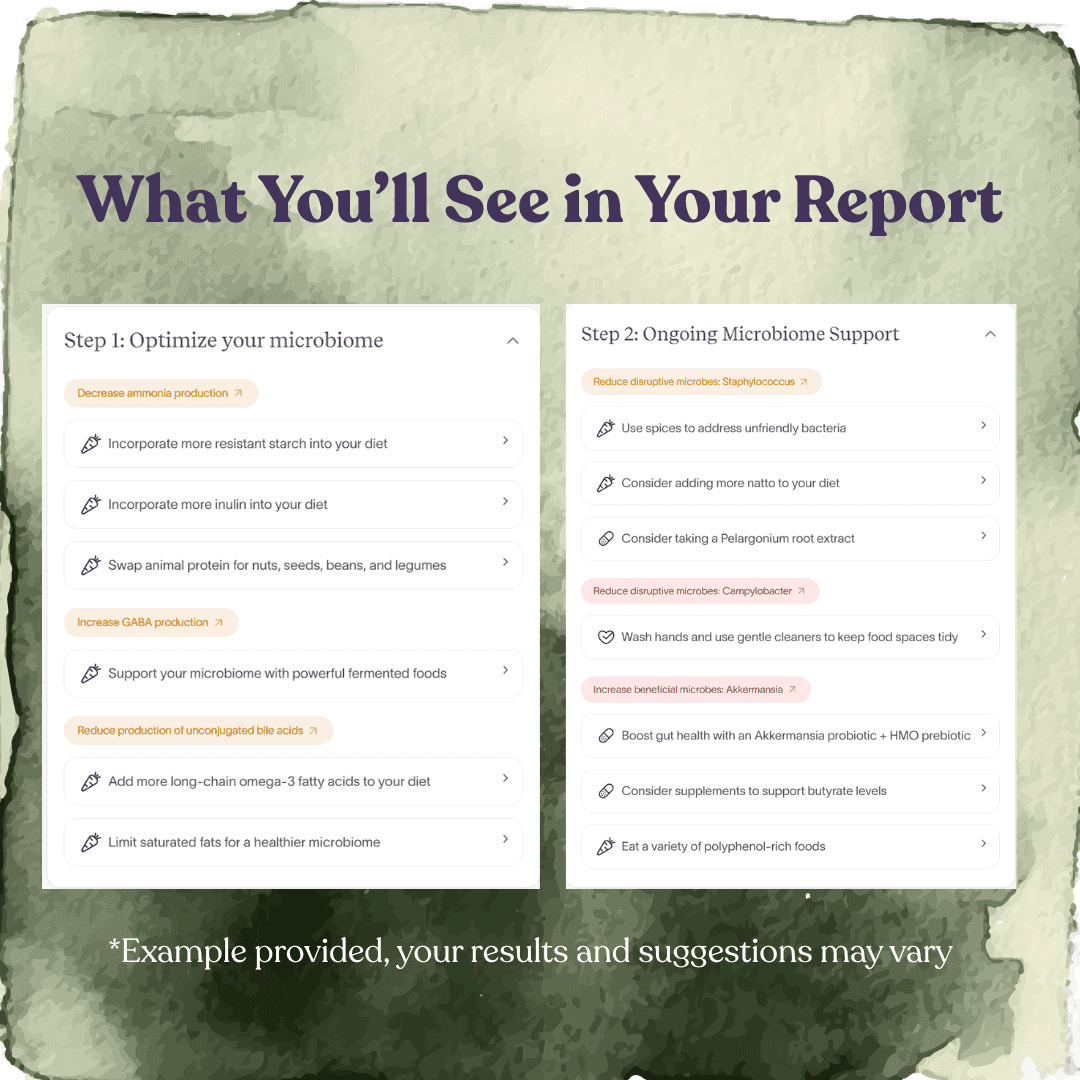 Sample microbiome report showing two steps: optimize and support gut health with diet tips.