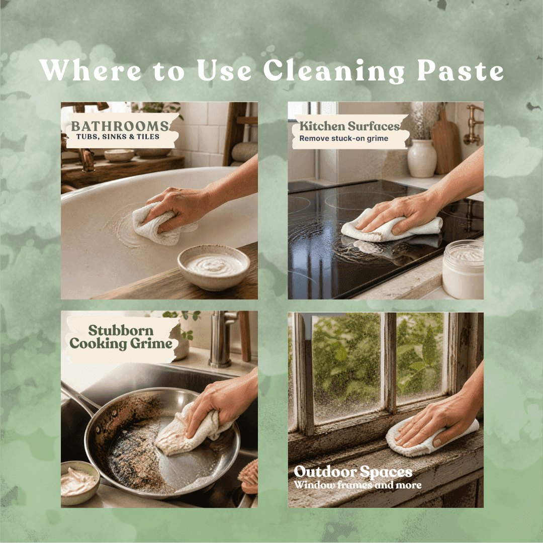 Four-panel guide showing cleaning paste uses on tubs, stovetops, pans, and window frames.