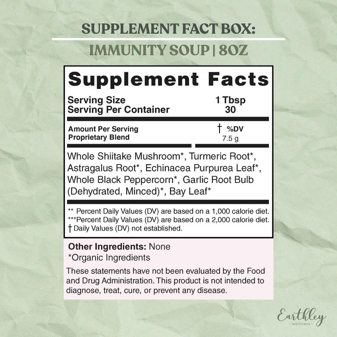Supplement facts label for Immunity Soup showing serving size, ingredients like shiitake mushroom, turmeric, and echinacea