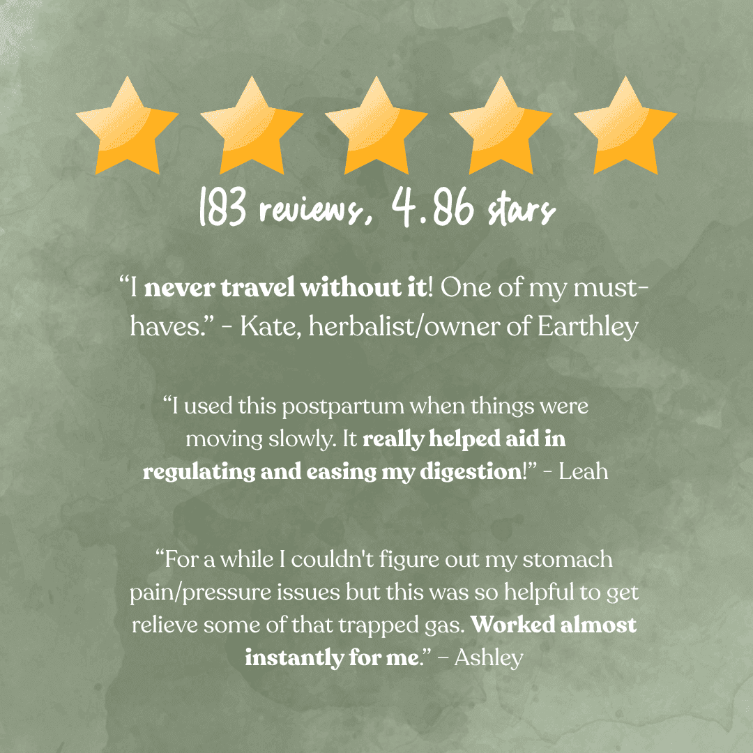 Five-star customer reviews graphic: 183 reviews, 4.86 stars, praising digestive relief benefits.