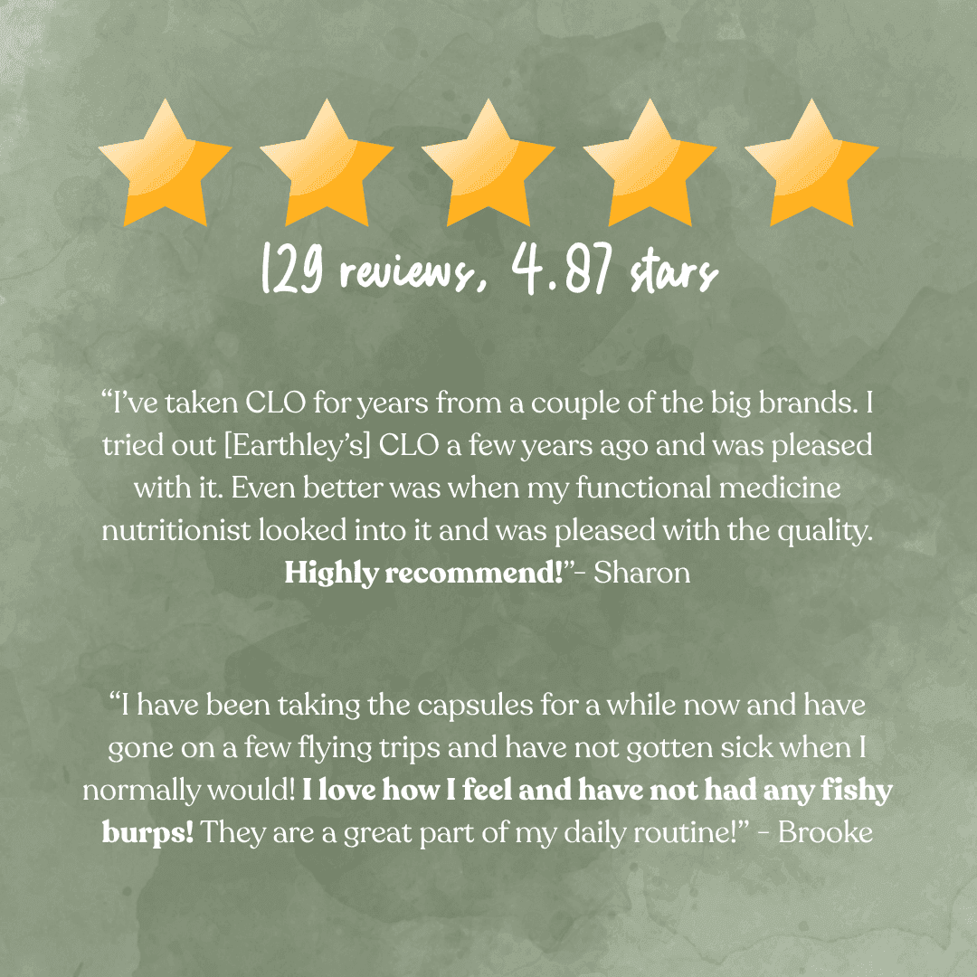 Five-star customer reviews for Earthley CLO supplement, rated 4.87 stars from 129 reviews.