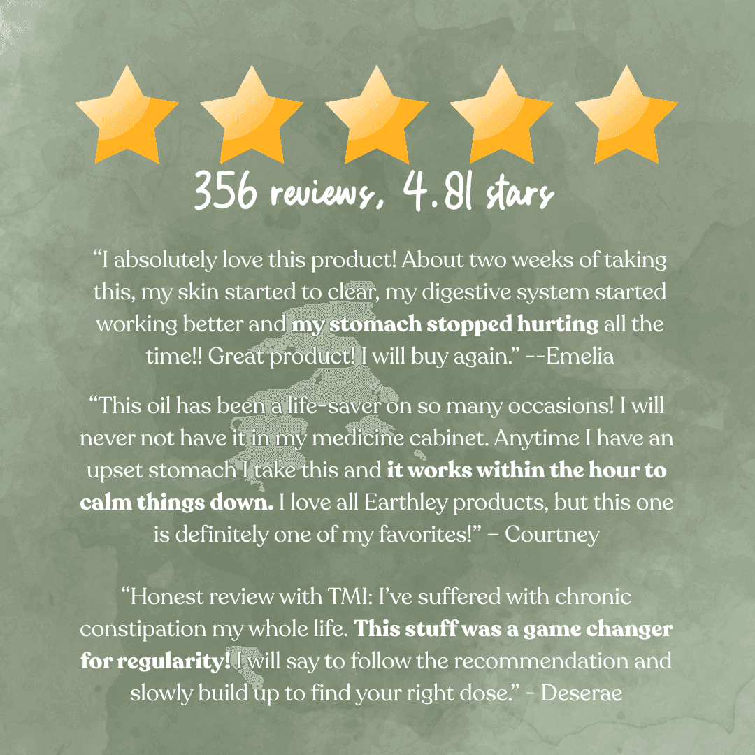 Five-star customer reviews graphic showing 4.81 stars from 356 ratings for digestive wellness product.
