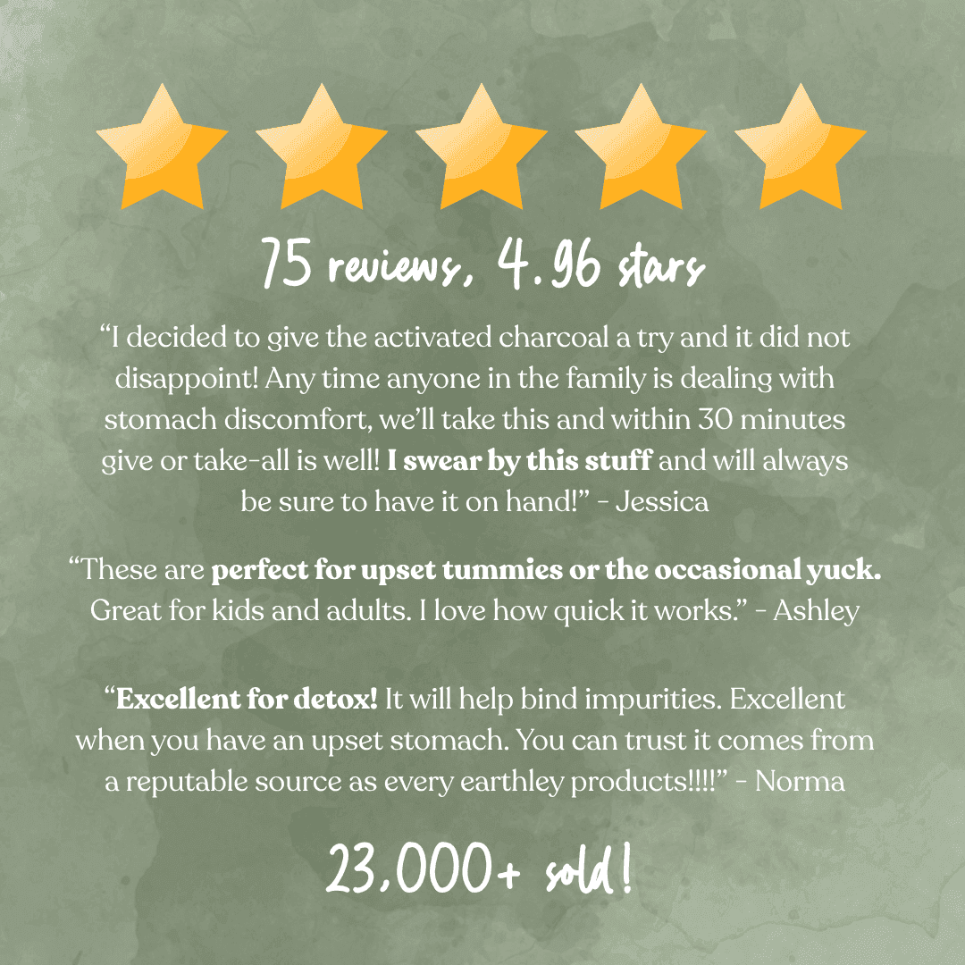 Five-star customer reviews for activated charcoal supplement, rated 4.96 stars, 23,000+ sold.