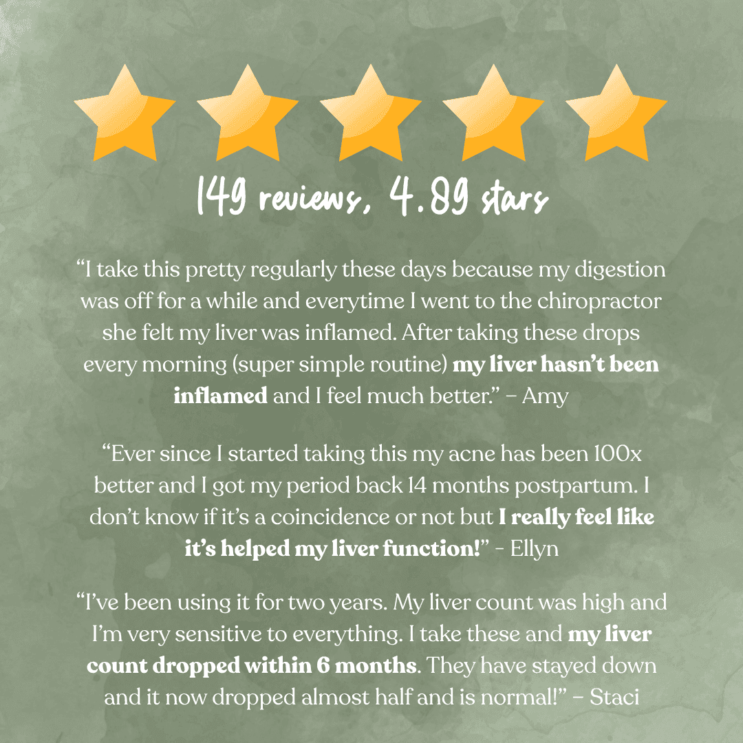 Five-star rating graphic: 149 reviews, 4.89 stars, with liver health testimonials.