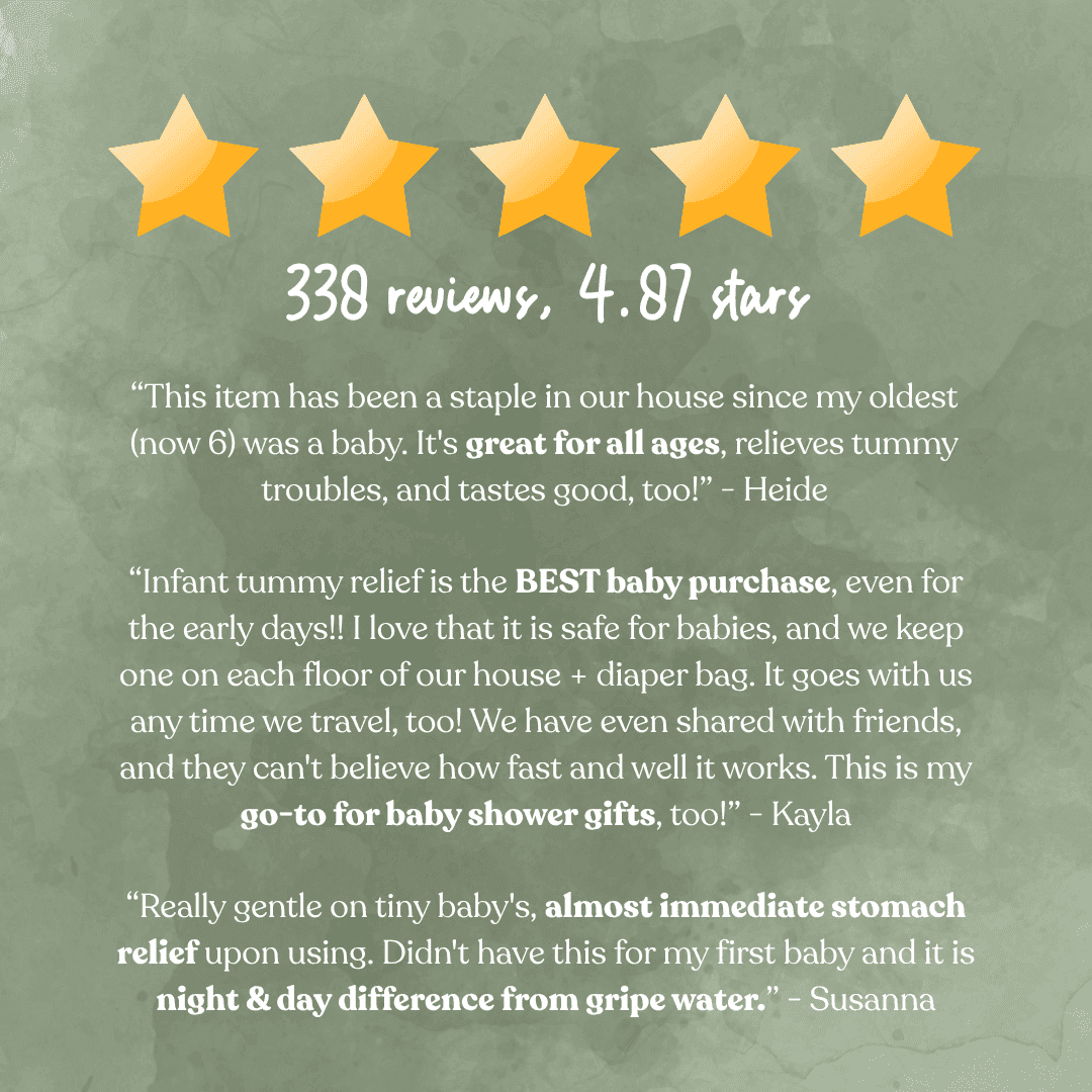 Five-star customer reviews for Infant Tummy Relief, rated 4.87 stars from 338 reviews.