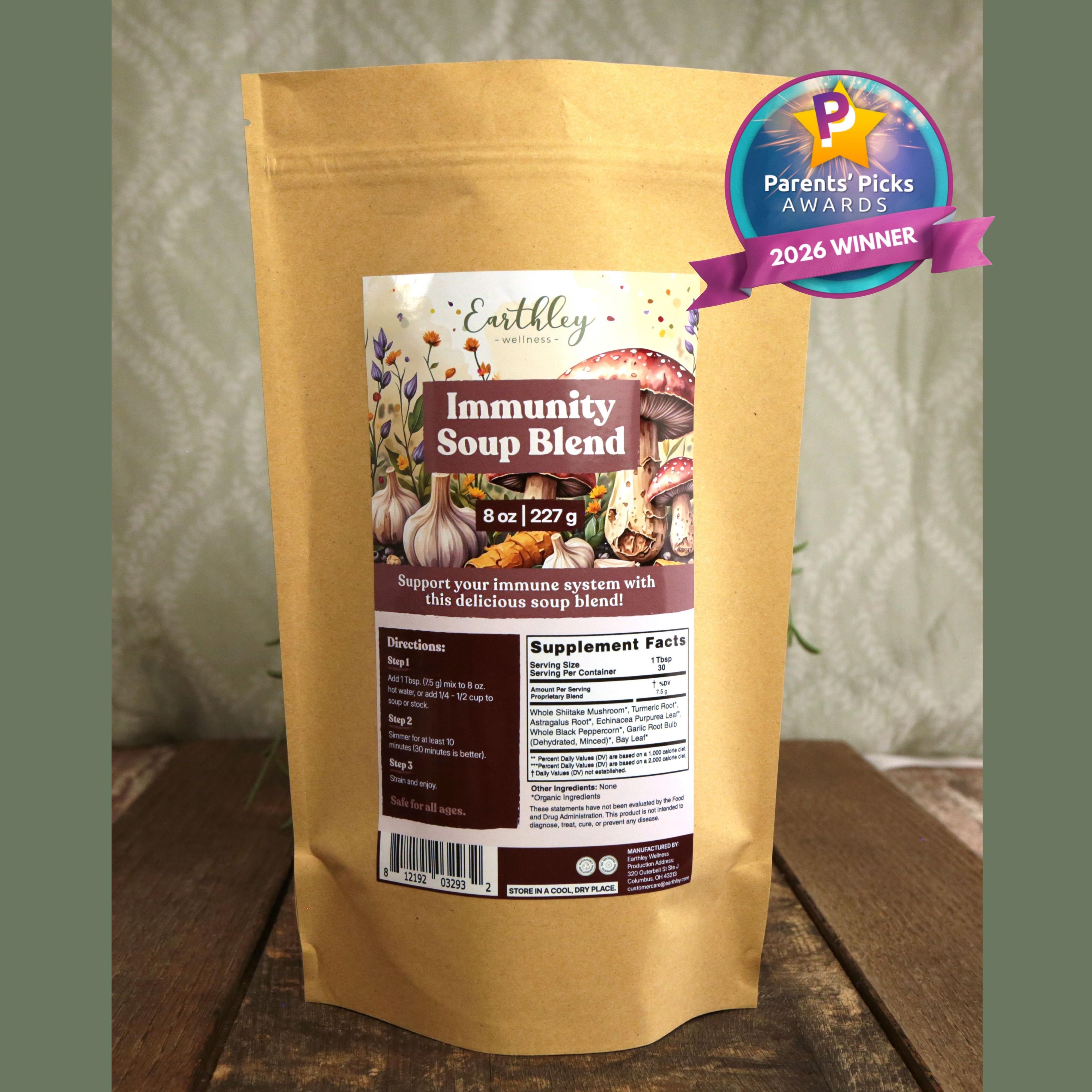 Earthley Wellness Immunity Soup Blend package with Parents' Picks Awards 2026 Winner badge on wooden surface
