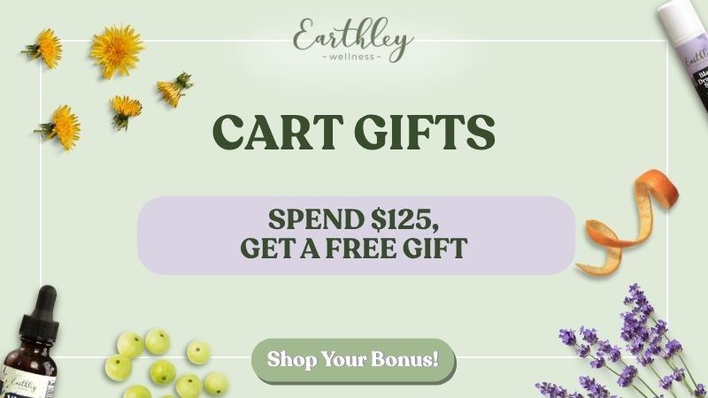 Earthley Wellness cart gifts promotion: spend $125 get free gift, surrounded by dandelions, lavender, and wellness products