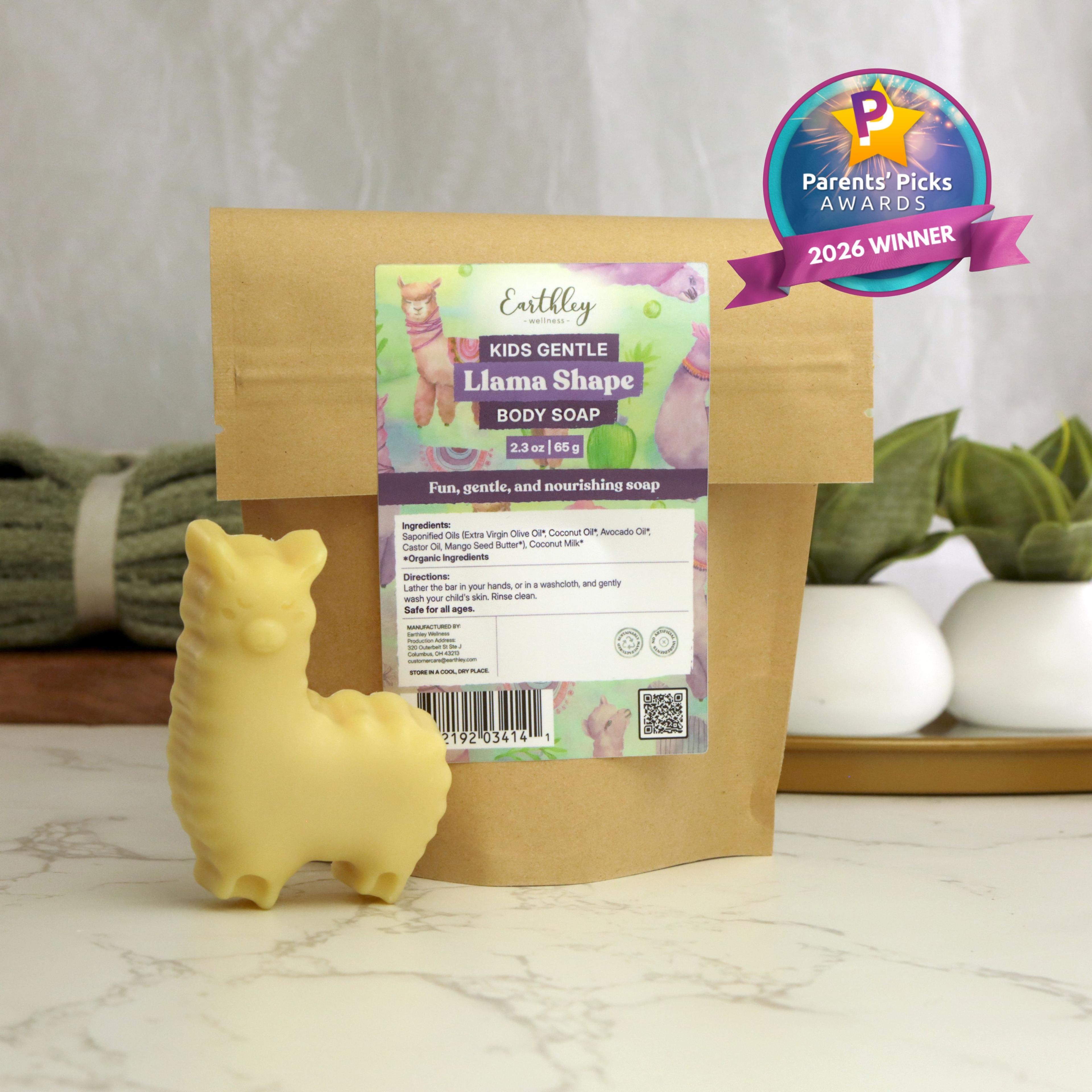 Earthley Kids Gentle Llama Shape Body Soap package with yellow llama-shaped soap bar, featuring Parents' Picks 2026 Winner award badge