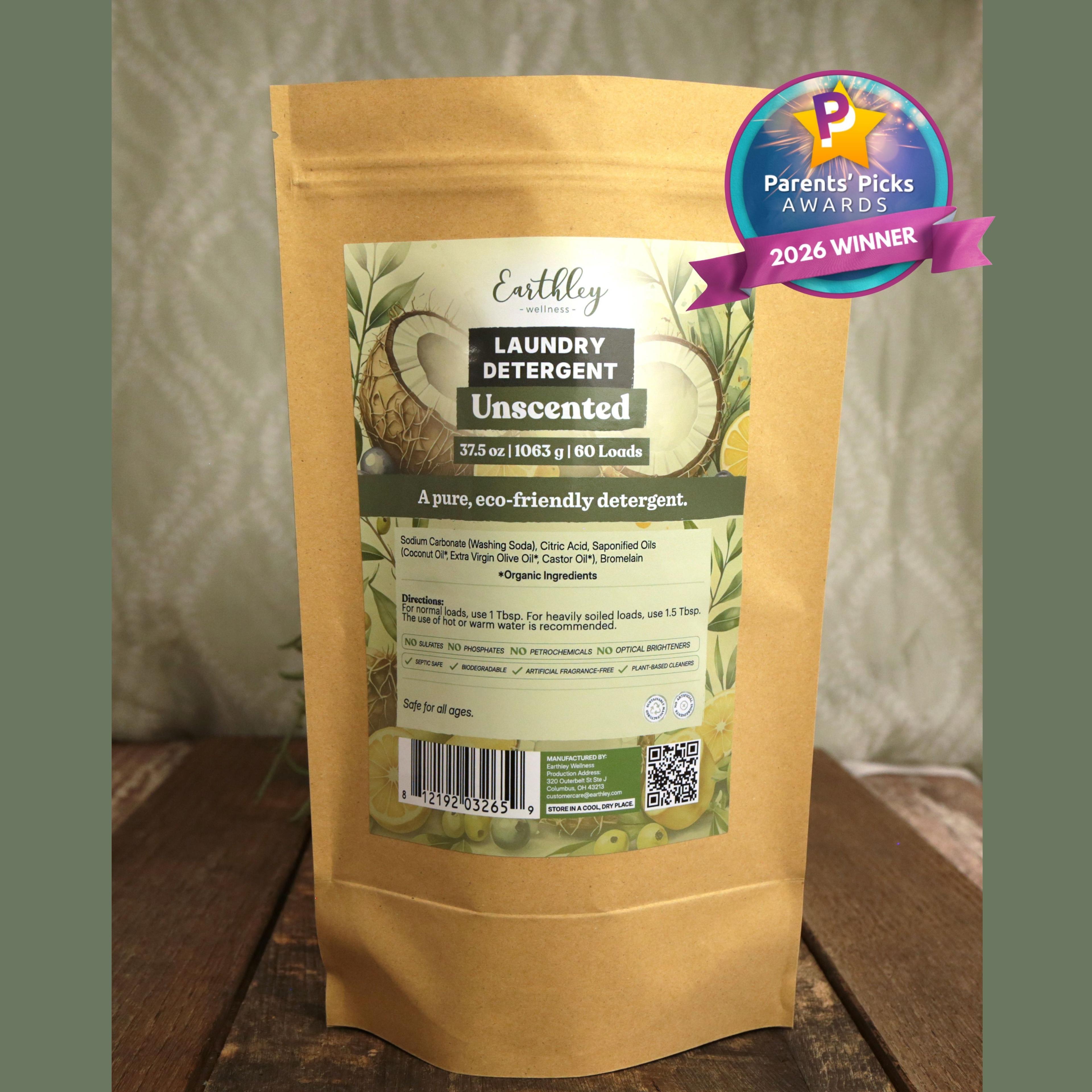 Earthley Wellness unscented laundry detergent in kraft paper pouch with Parents' Picks 2026 Winner award badge