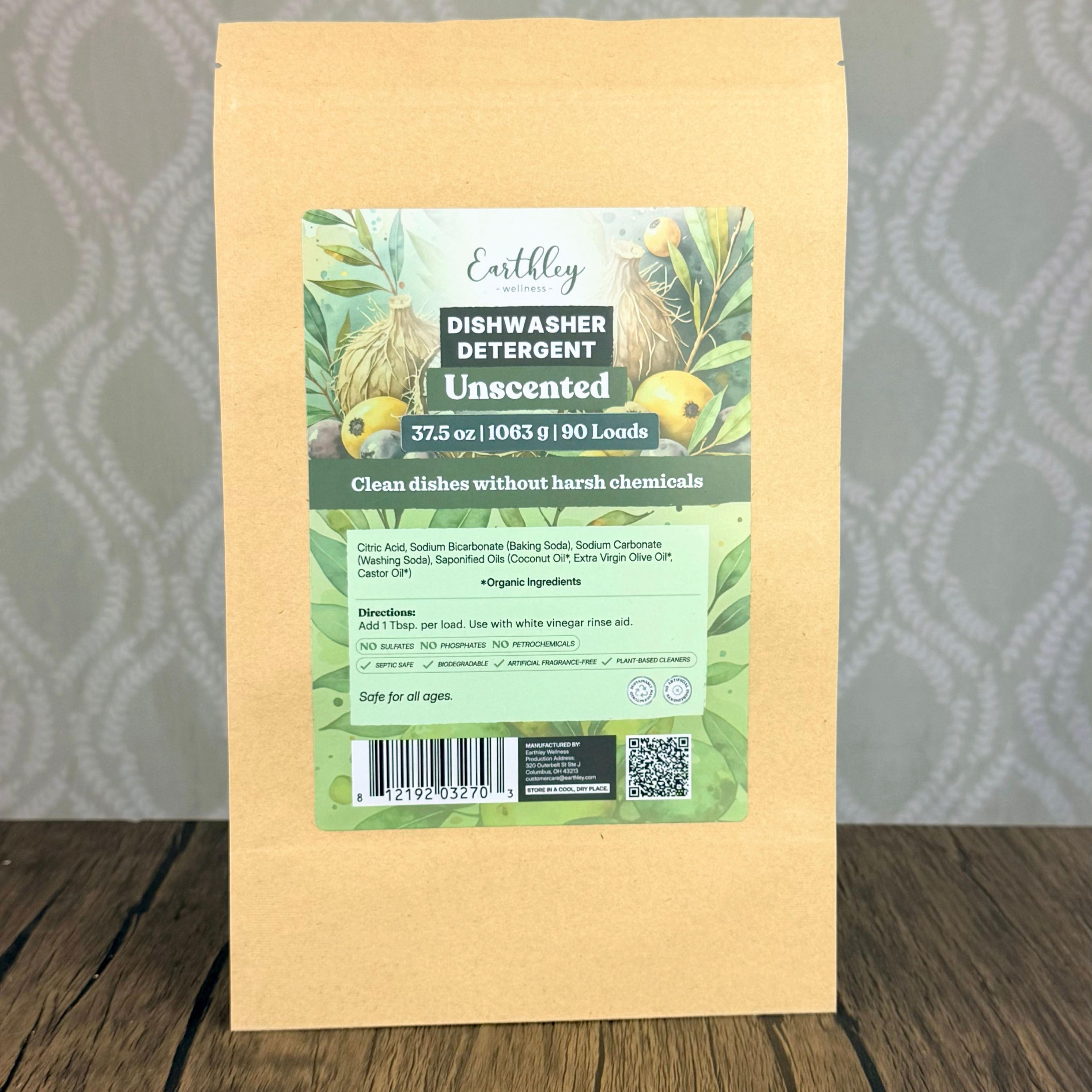 Earthley Wellness Unscented Dishwasher Detergent, 37.5oz kraft bag, 90 loads