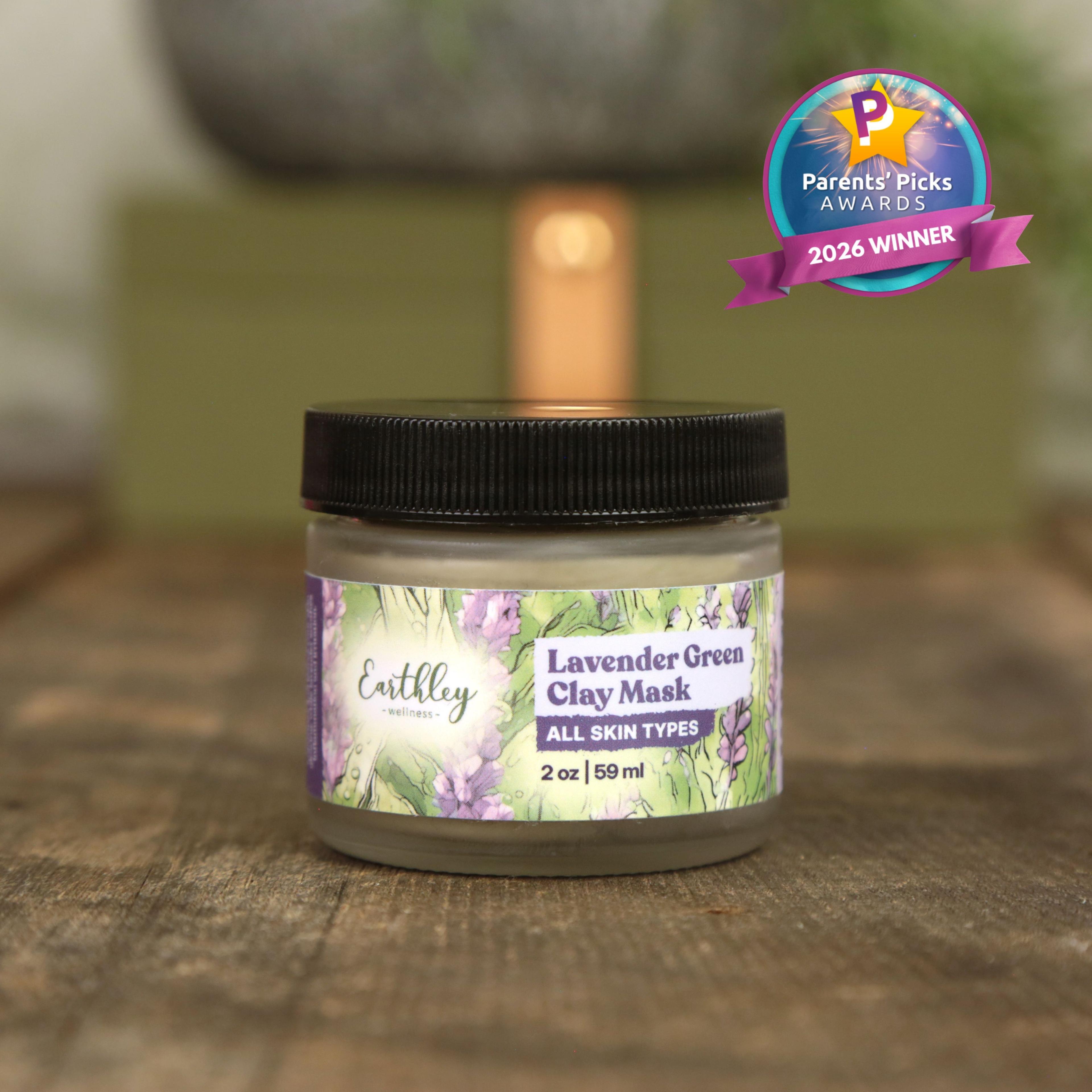 Earthley Lavender Green Clay Mask jar with purple floral label and Parents' Picks Awards 2026 Winner badge