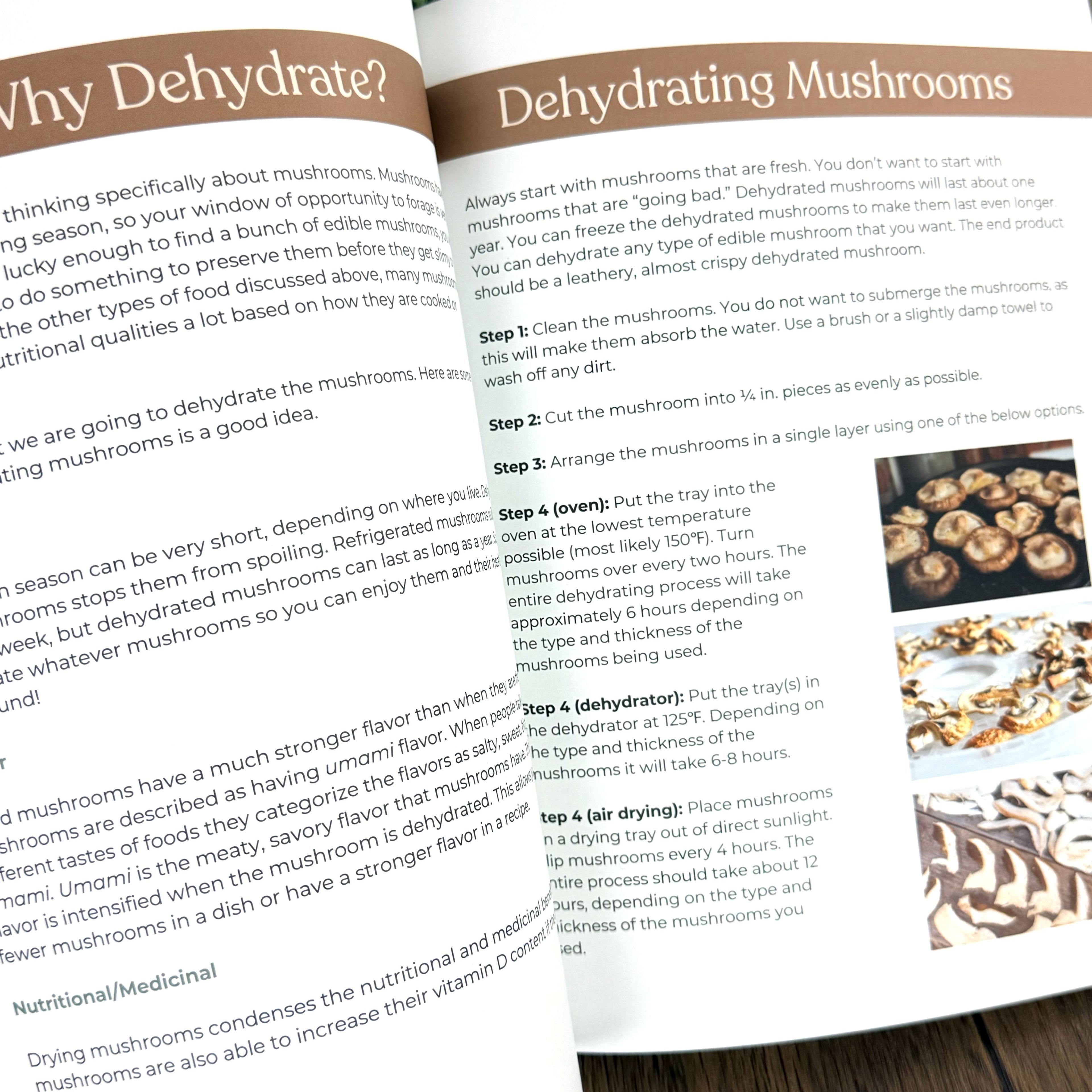 Open guidebook showing "Dehydrating Mushrooms" steps with mushroom photos