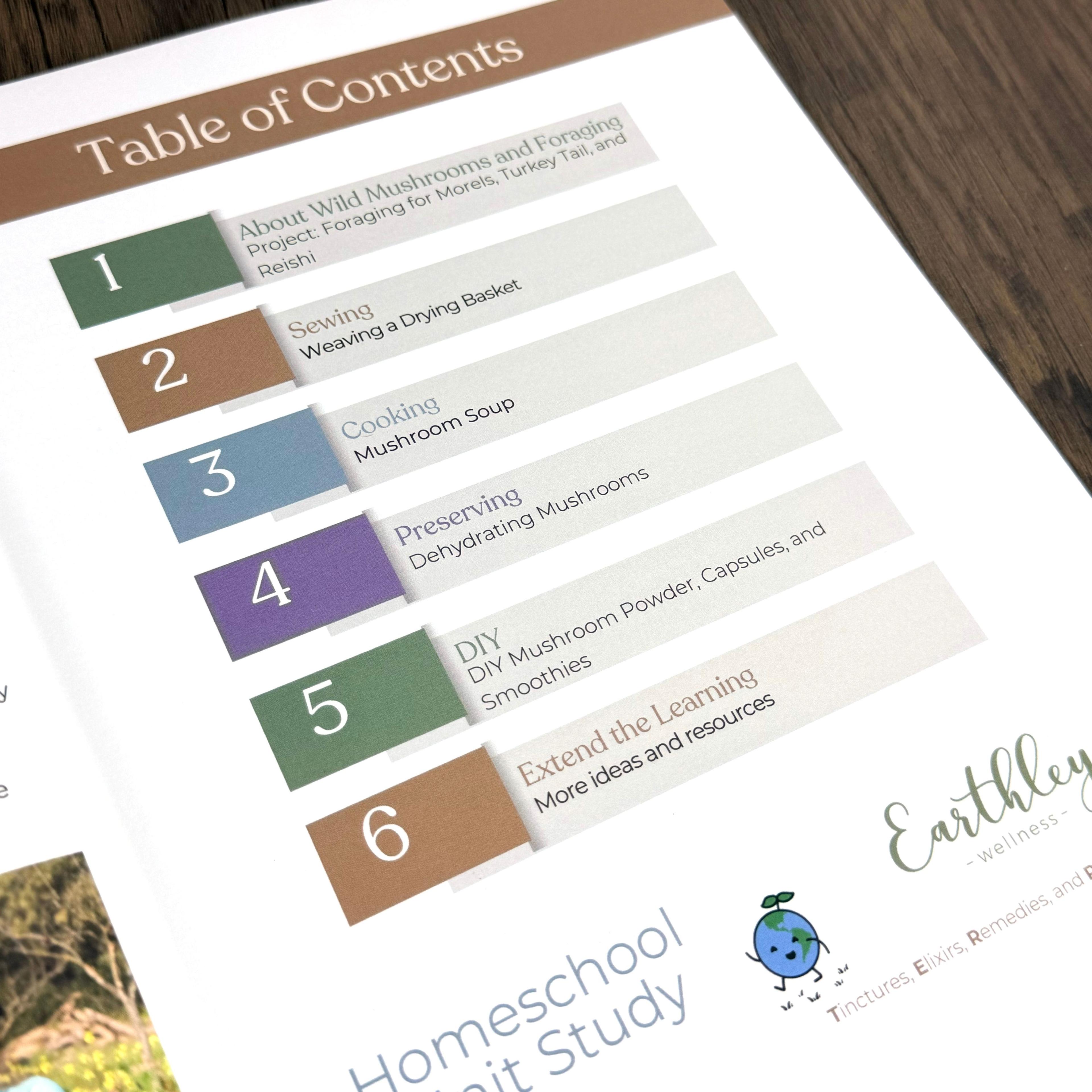 Earthley Wellness Homeschool Unit Study table of contents covering wild mushrooms and foraging topics
