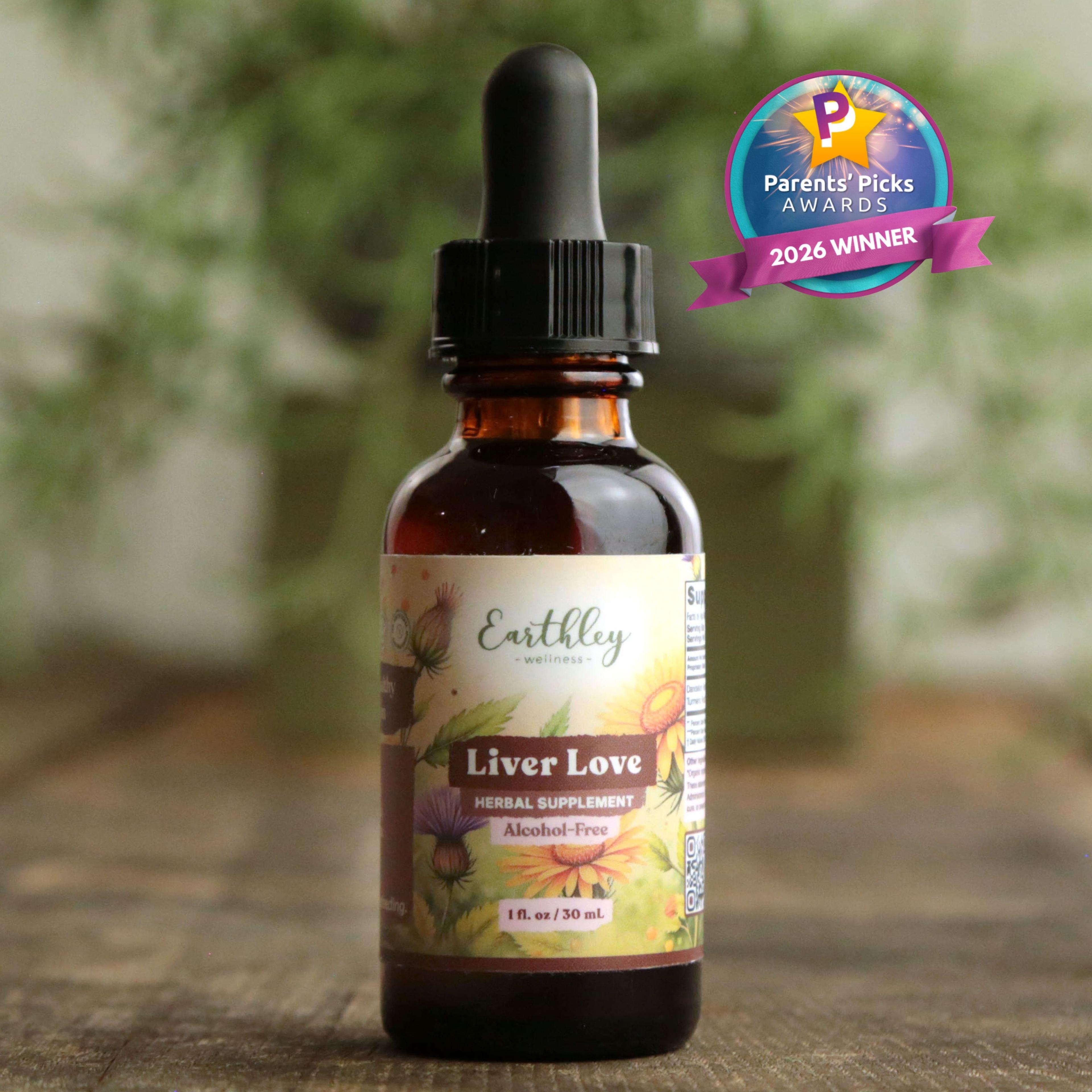 Earthley Liver Love herbal tincture bottle with dropper, featuring floral label design and Parents' Picks 2026 Winner award badge