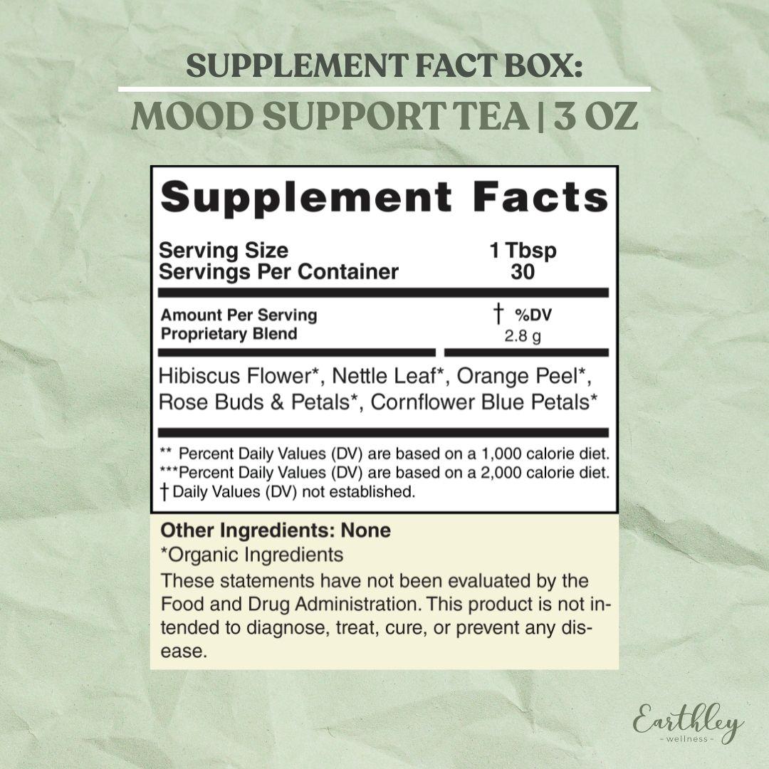 Supplement facts label for Mood Support Tea showing organic herbal blend ingredients and serving information