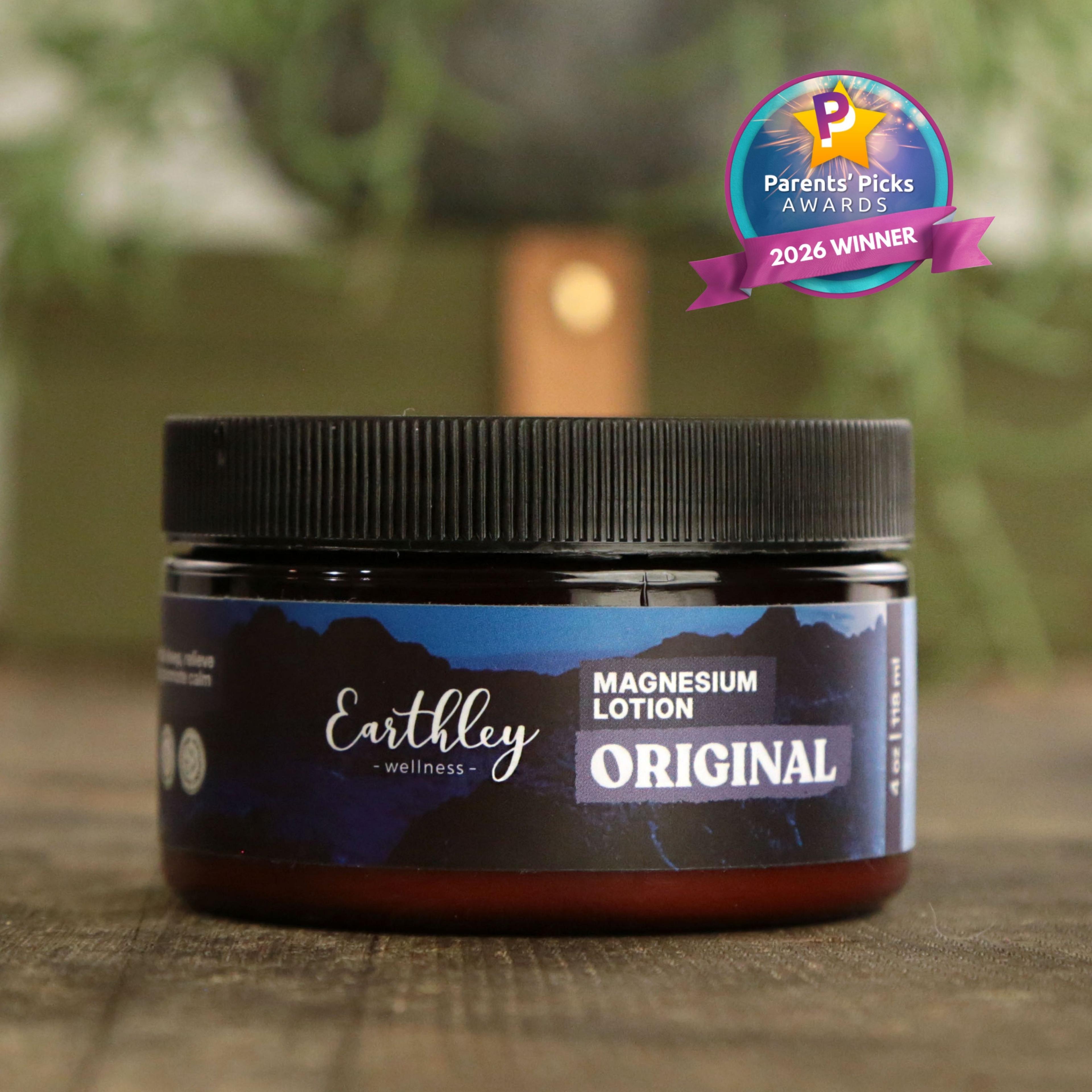 Earthley Wellness Original Magnesium Lotion jar with Parents' Picks Awards 2026 Winner badge on wooden surface