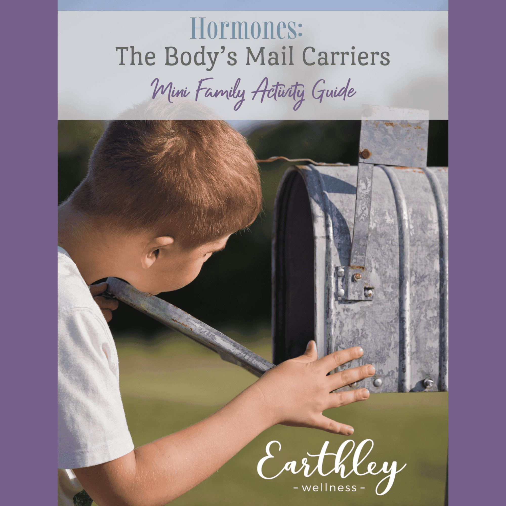 Hormones The Bodys Mail Carriers Mini Family Activity Guide cover showing young boy with short brown hair reaching into silver metal mailbox on sunny day with green grass background and Earthley Wellness logo