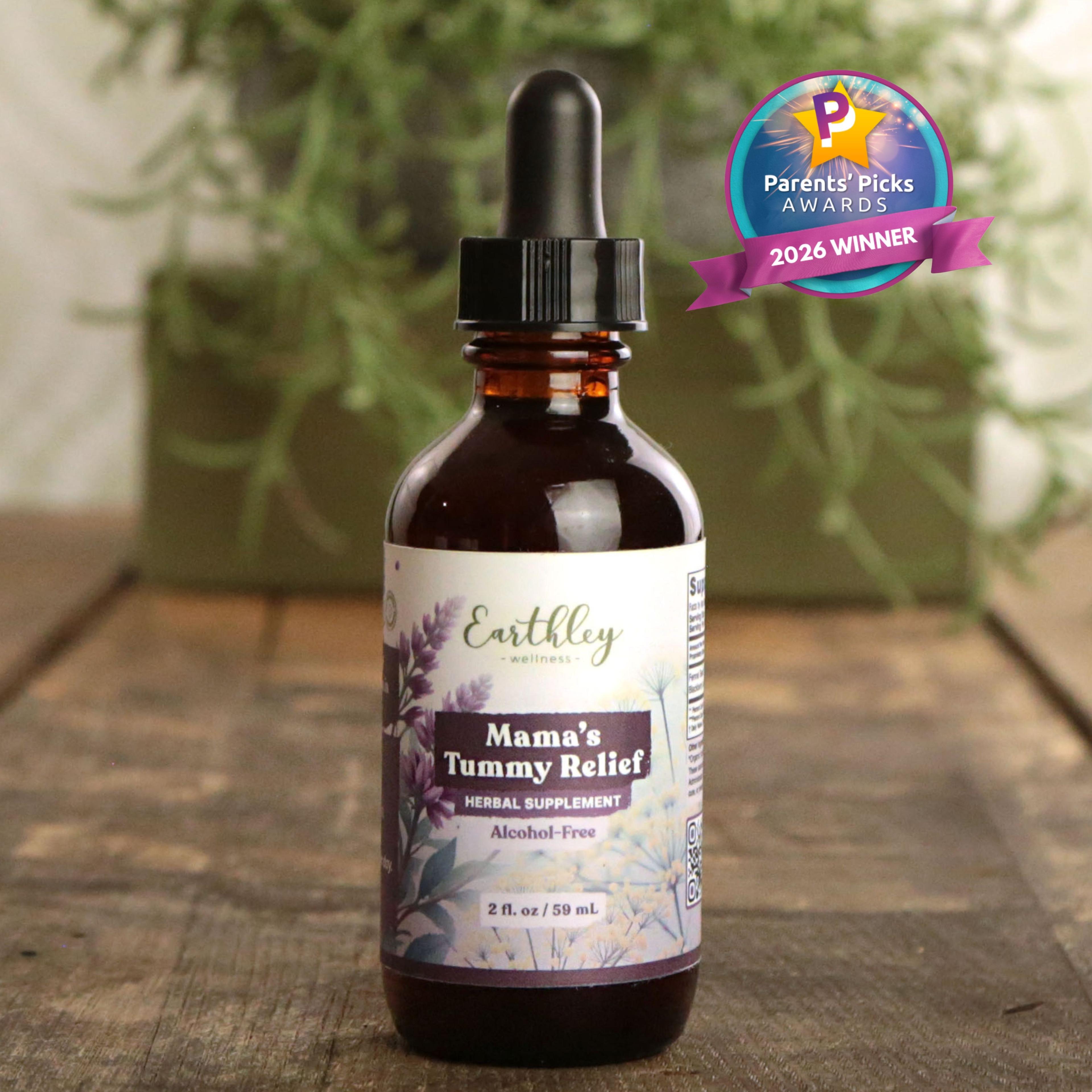 Earthley Mama's Tummy Relief herbal tincture bottle with dropper, featuring Parents' Picks Awards 2026 Winner badge