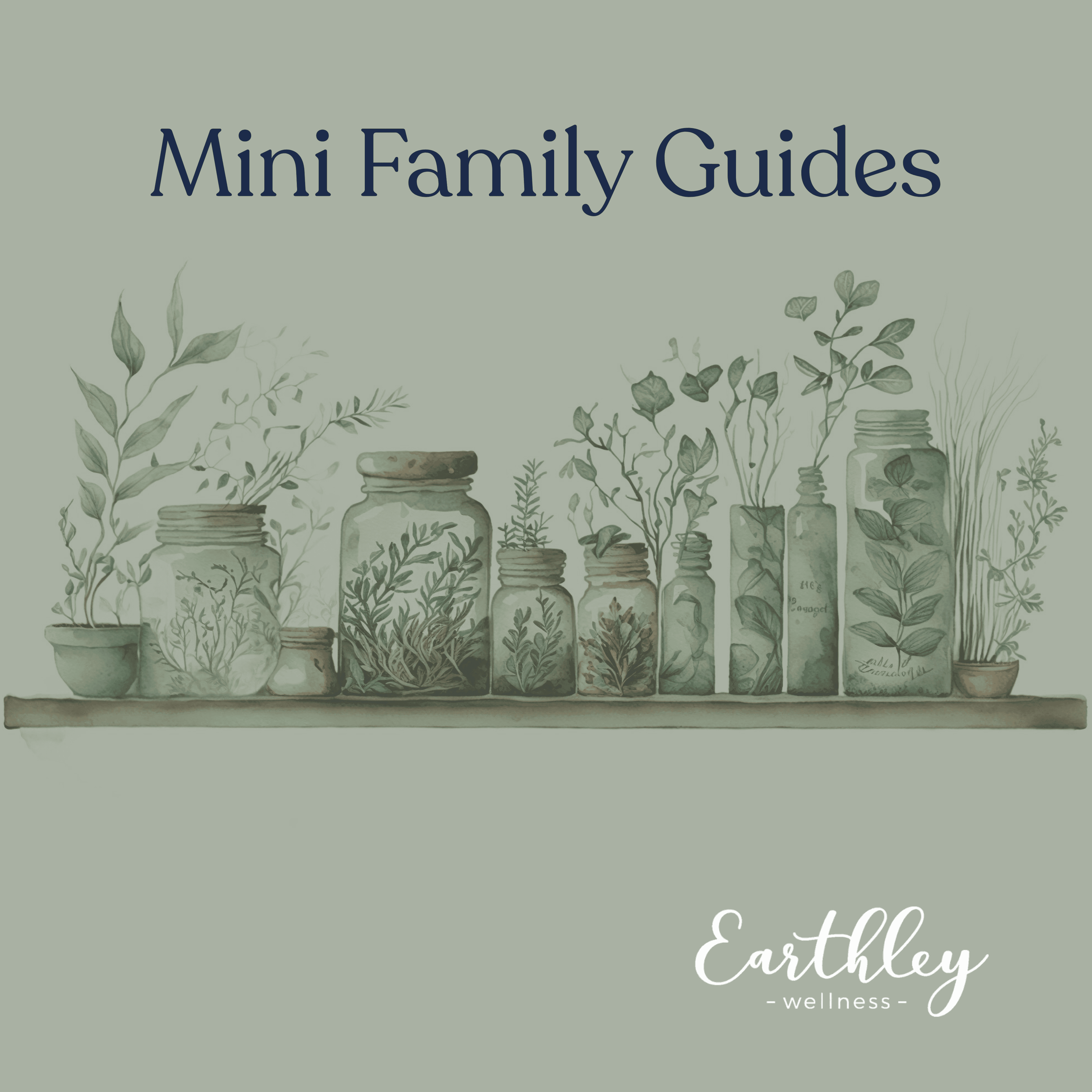 Earthley Mini Family Guides cover with sage green shelf displaying illustrated glass jars herbs and botanical plants