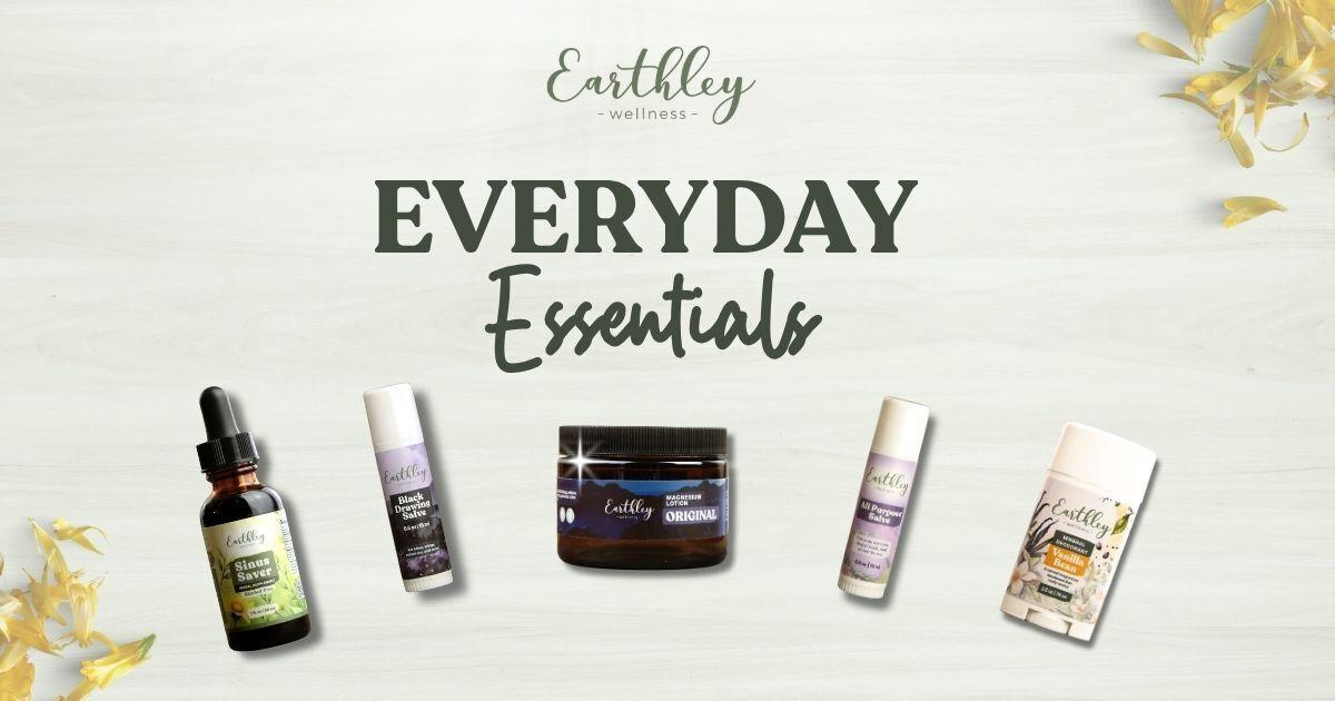 Earthley Wellness Everyday Essentials collection: tincture, two salves, magnesium lotion, and deodorant