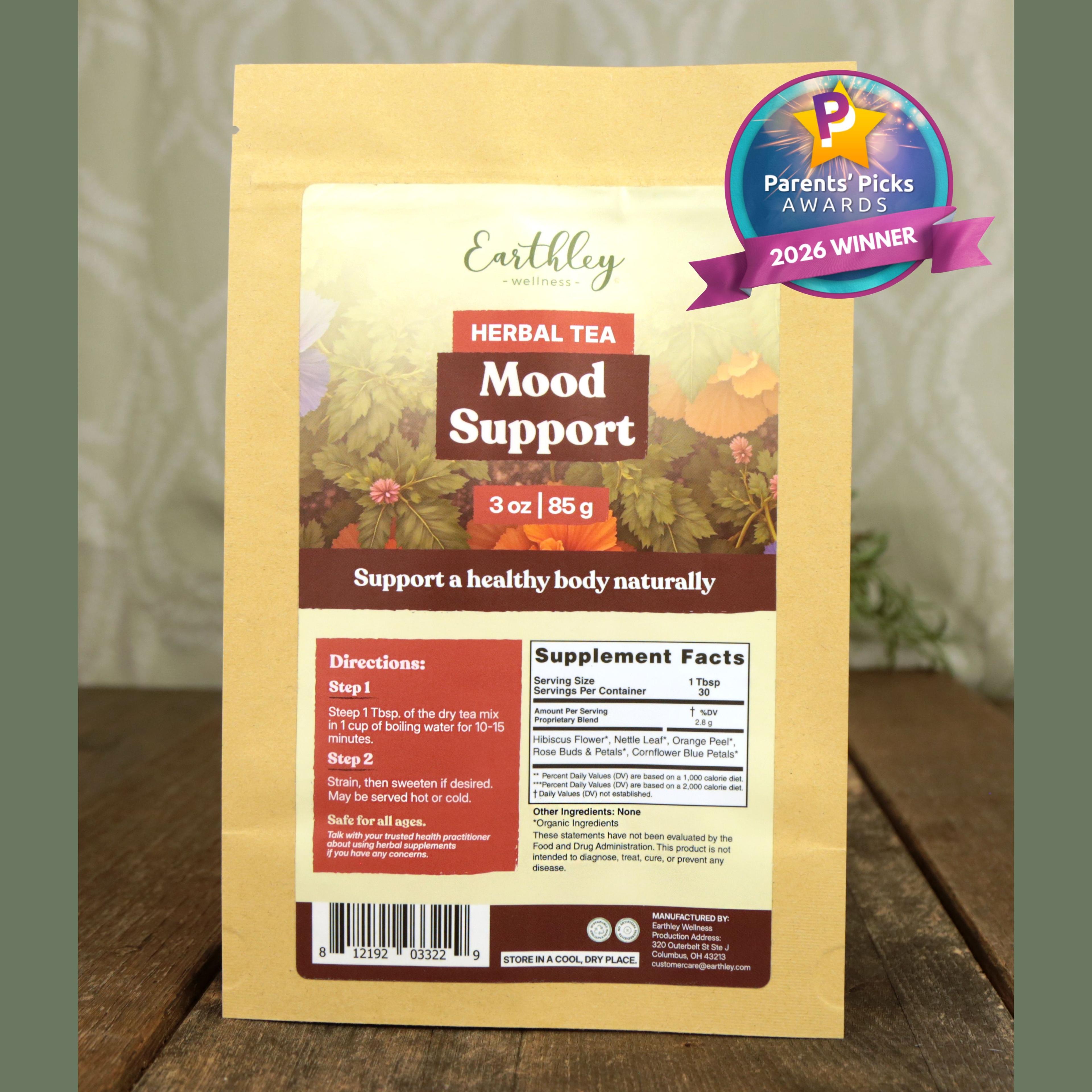 Earthley Wellness Mood Support herbal tea package with Parents' Picks Awards 2026 Winner badge on wooden surface