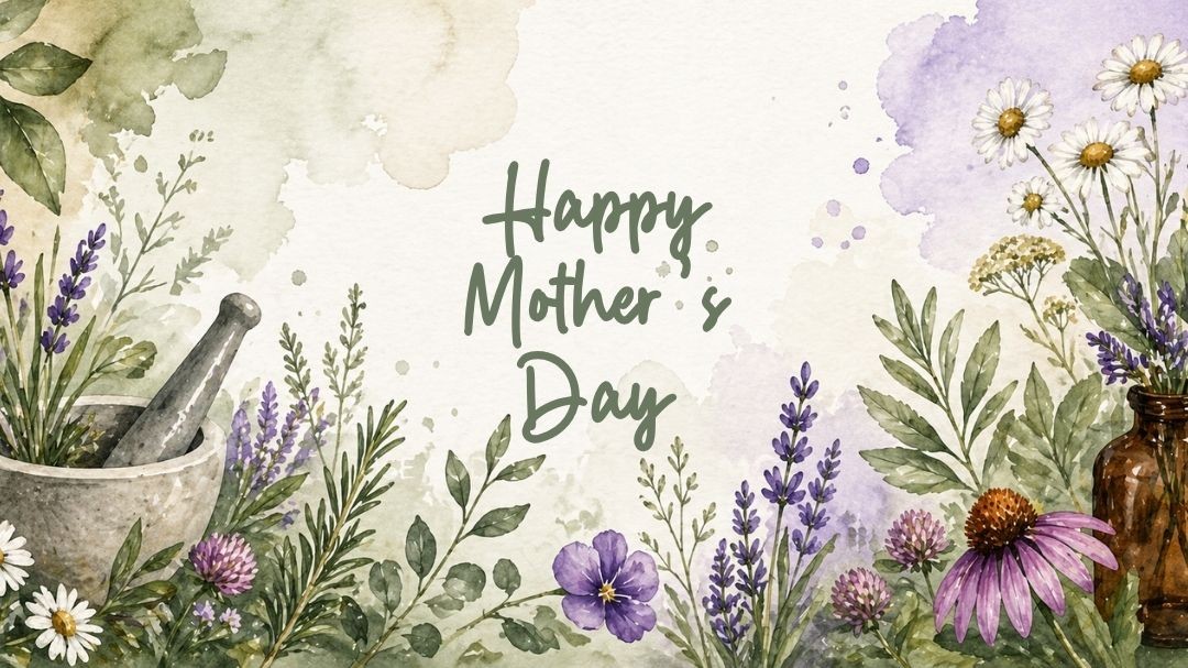 Happy Mother's Day watercolor illustration with herbs, flowers, mortar and pestle, and amber bottle